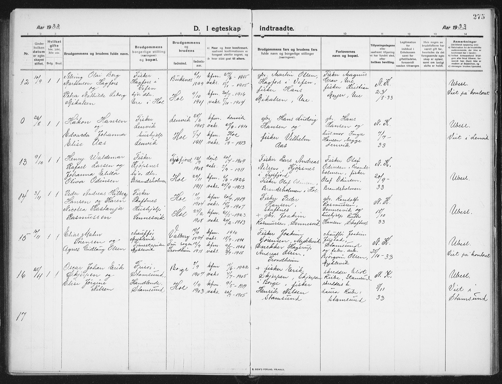 Ministerialprotokoller, klokkerbøker og fødselsregistre - Nordland, AV/SAT-A-1459/882/L1183: Parish register (copy) no. 882C01, 1911-1938, p. 275