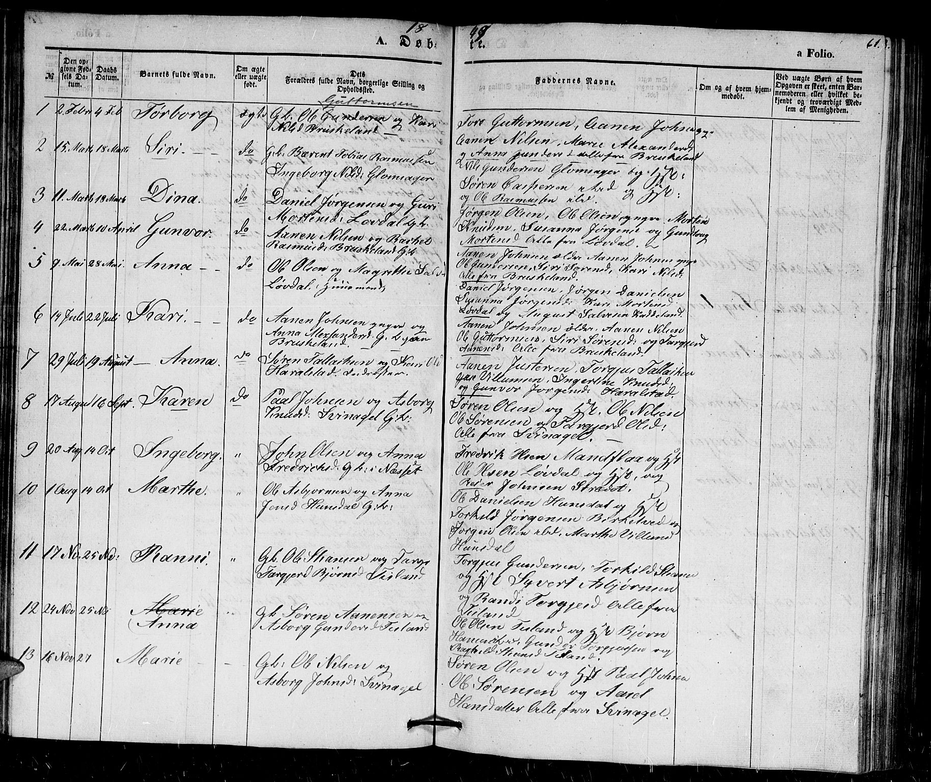 Holum sokneprestkontor, SAK/1111-0022/F/Fb/Fbb/L0002: Parish register (copy) no. B 2, 1847-1874, p. 61