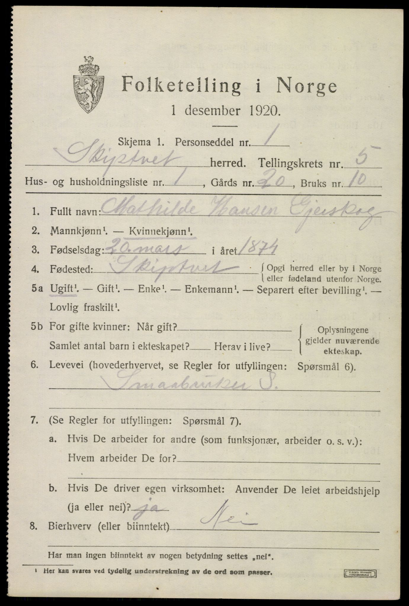 SAO, 1920 census for Skiptvet, 1920, p. 5203