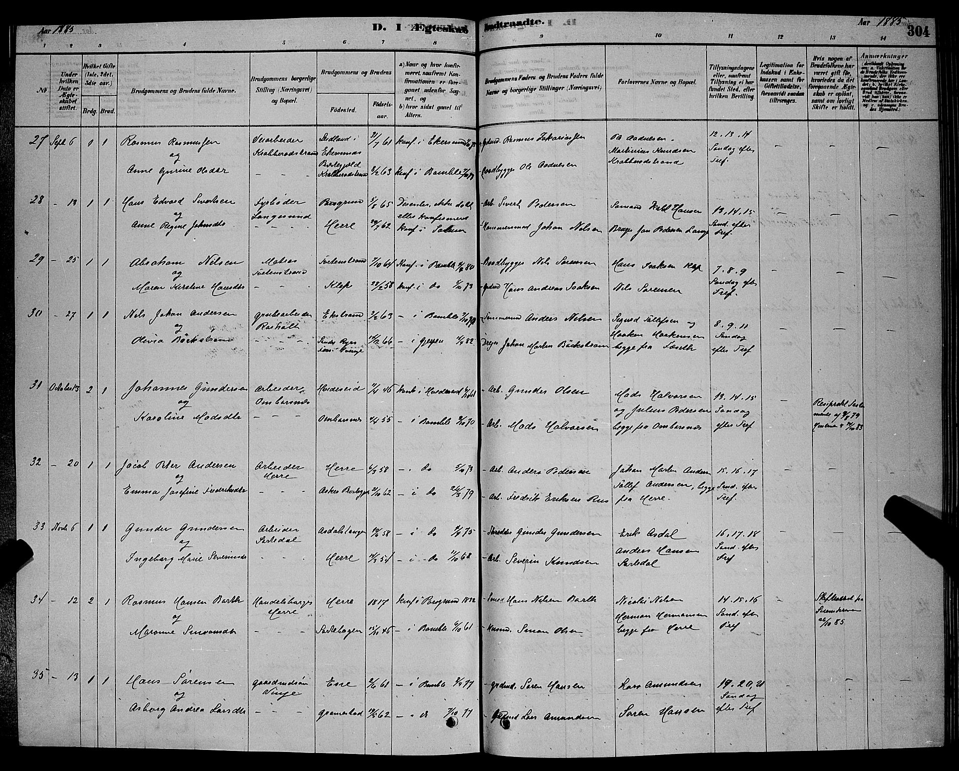 Bamble kirkebøker, AV/SAKO-A-253/G/Ga/L0008: Parish register (copy) no. I 8, 1878-1888, p. 304