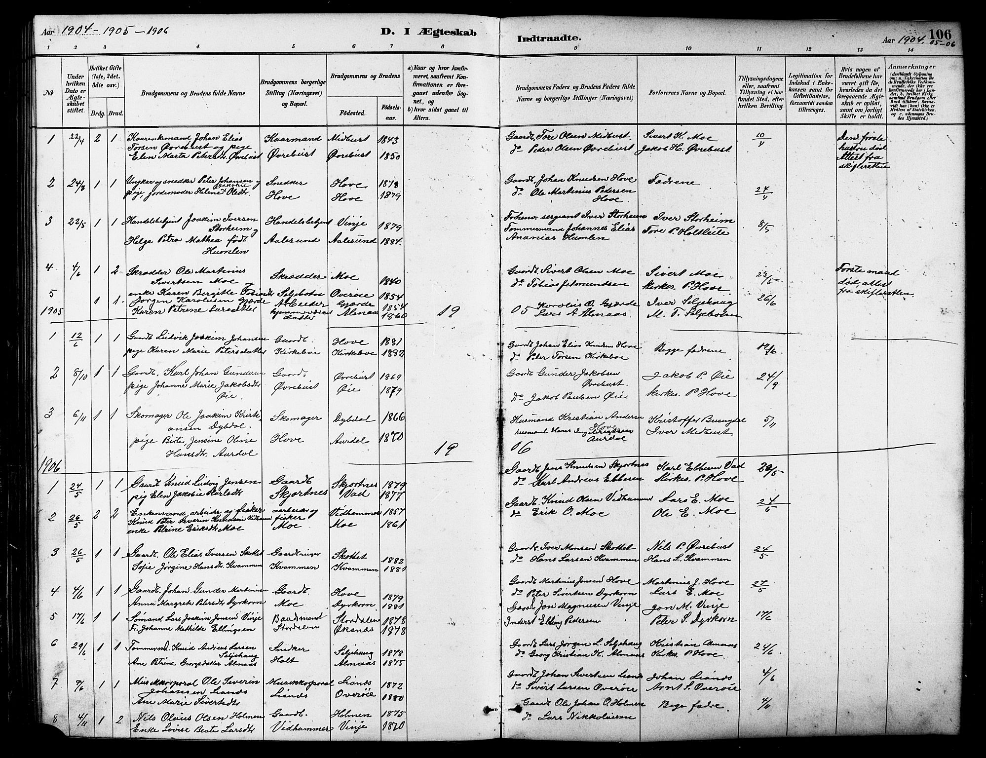 Ministerialprotokoller, klokkerbøker og fødselsregistre - Møre og Romsdal, AV/SAT-A-1454/521/L0302: Parish register (copy) no. 521C03, 1882-1907, p. 106