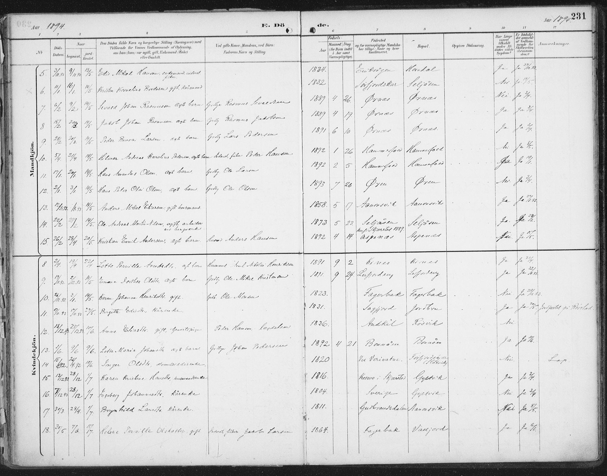 Ministerialprotokoller, klokkerbøker og fødselsregistre - Nordland, SAT/A-1459/854/L0779: Parish register (official) no. 854A02, 1892-1909, p. 231