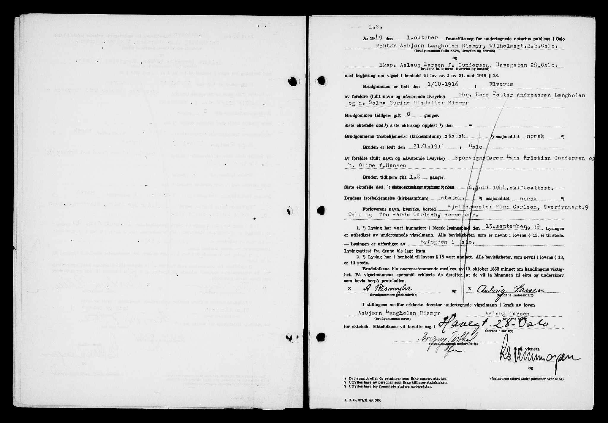 Oslo byfogd avd. I, AV/SAO-A-10220/L/Lb/Lbb/L0067: Notarialprotokoll, rekke II: Vigsler, 1949