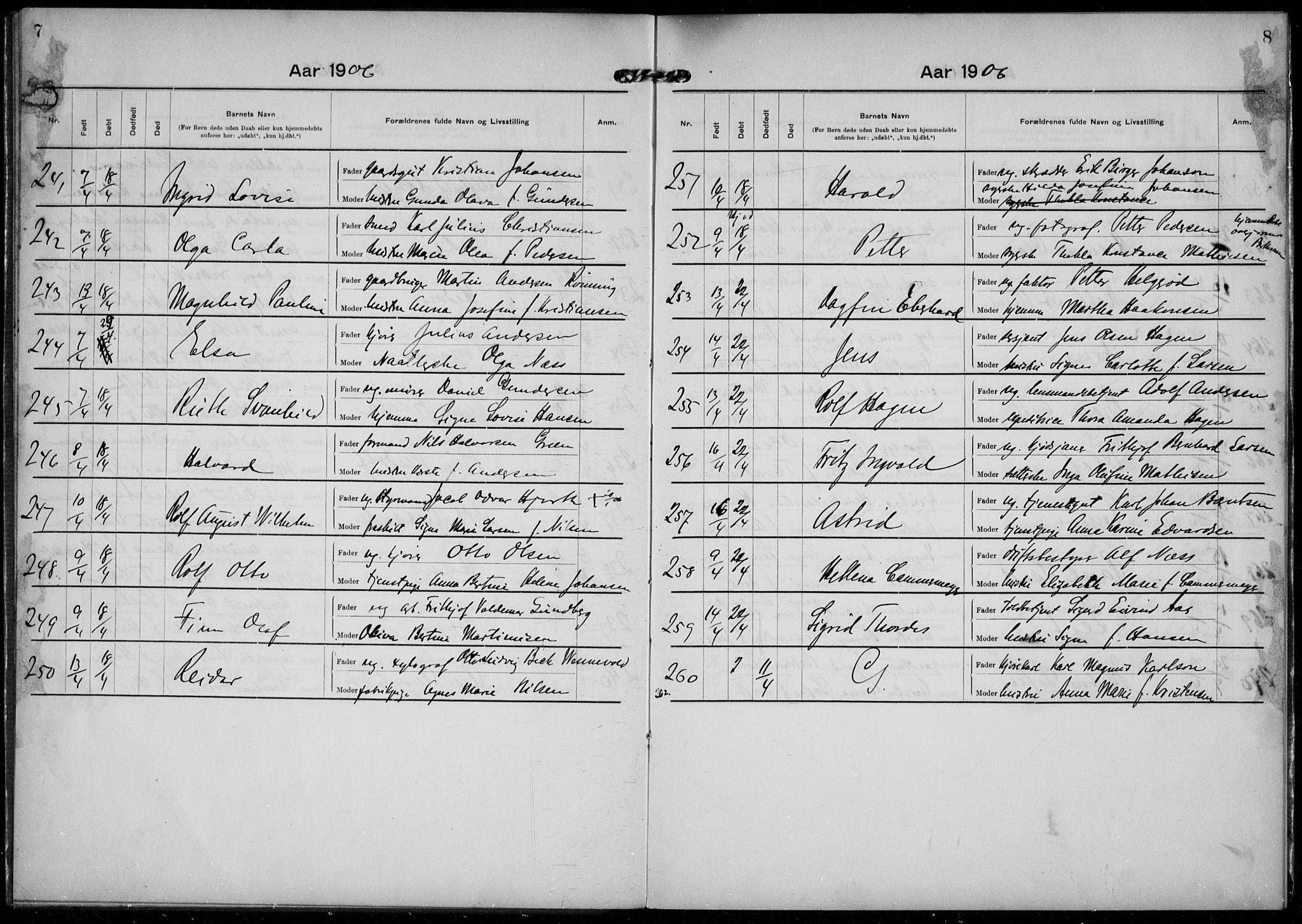 Rikshospitalet prestekontor Kirkebøker, AV/SAO-A-10309b/K/L0006/0002: Baptism register no. 6.2, 1906-1908, p. 7-8