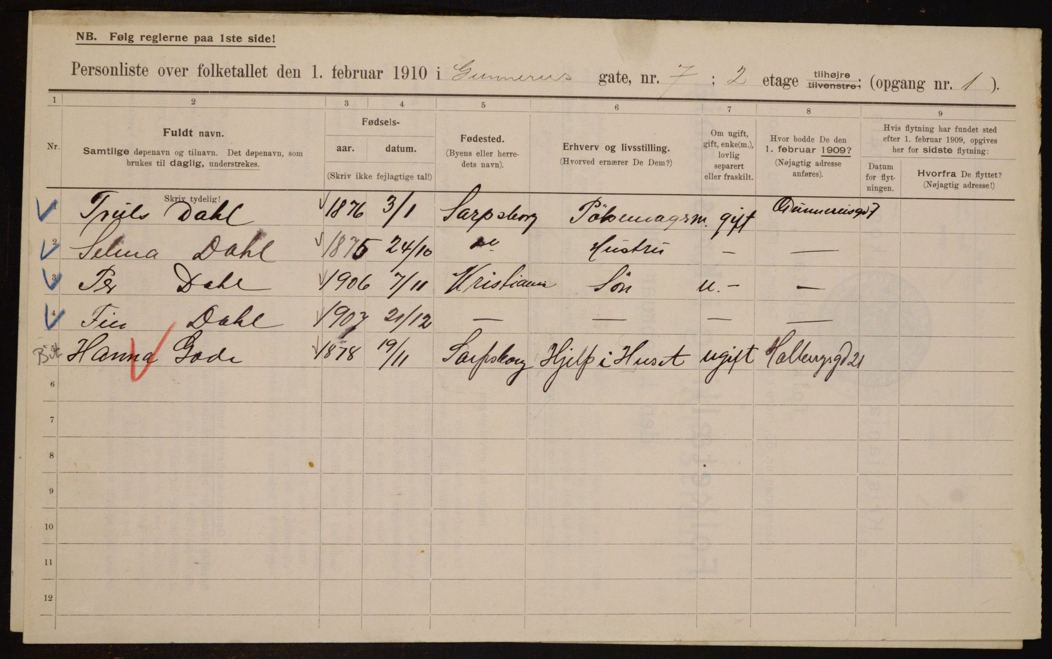 OBA, Municipal Census 1910 for Kristiania, 1910, p. 5043