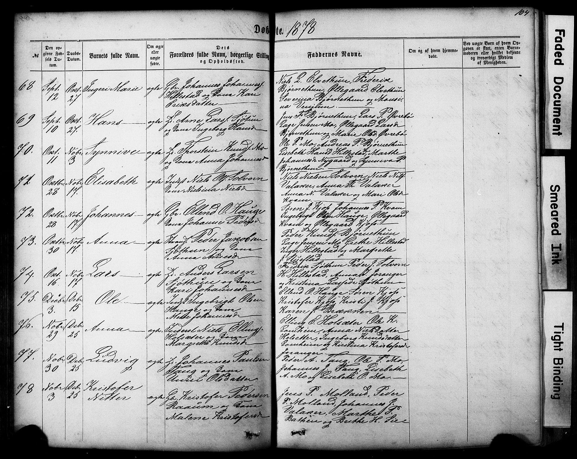 Hafslo sokneprestembete, SAB/A-80301/H/Hab/Haba/L0001: Parish register (copy) no. A 1, 1866-1908, p. 104