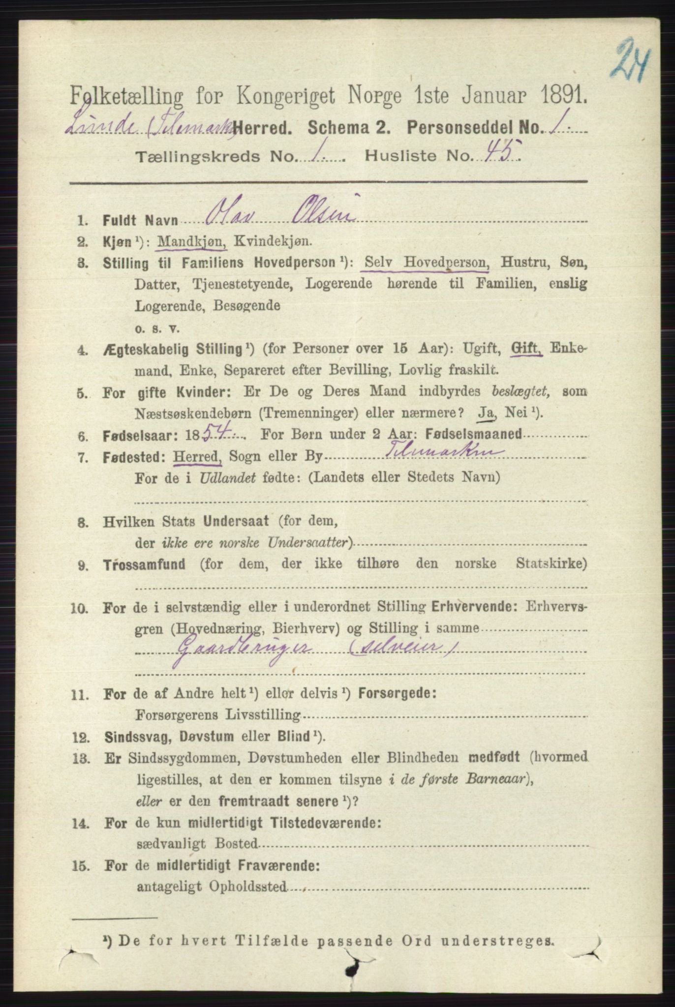 RA, 1891 census for 0820 Lunde, 1891, p. 285