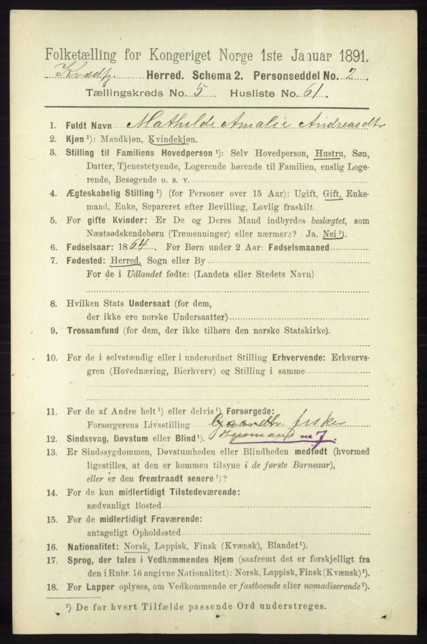 RA, 1891 census for 1911 Kvæfjord, 1891, p. 3200