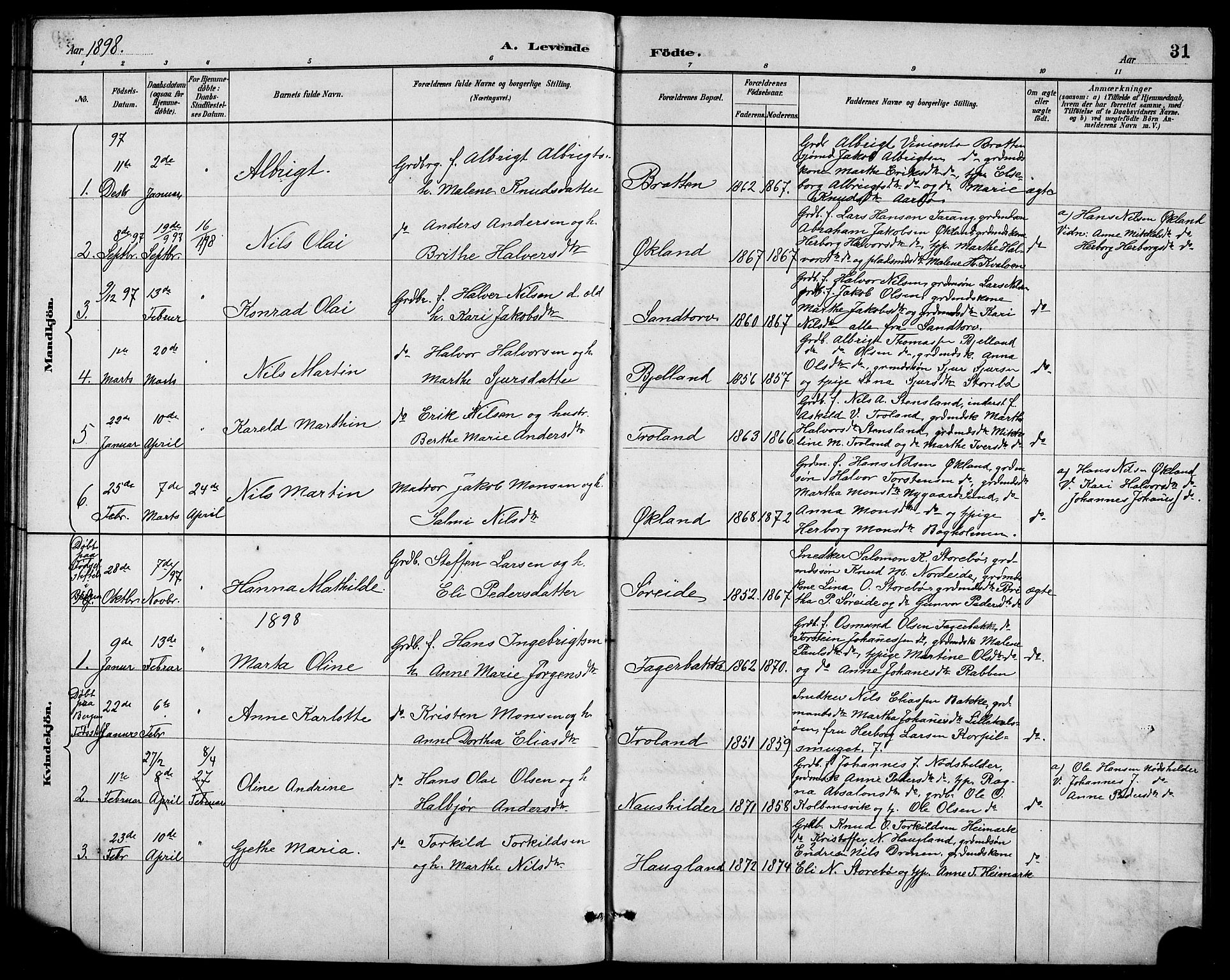 Austevoll Sokneprestembete, SAB/A-74201/H/Hab: Parish register (copy) no. A 3, 1889-1900, p. 31