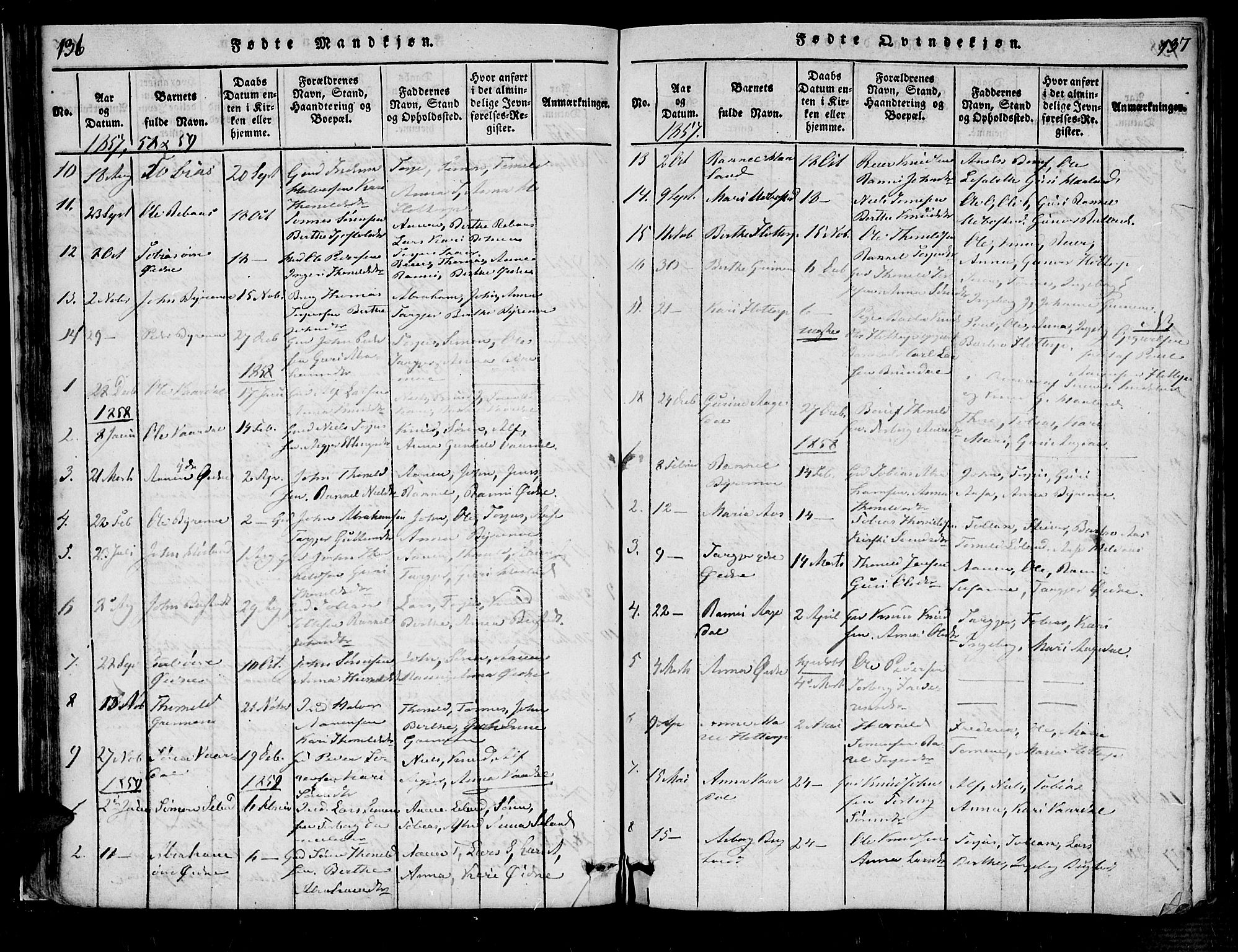 Bjelland sokneprestkontor, SAK/1111-0005/F/Fa/Fac/L0001: Parish register (official) no. A 1, 1815-1866, p. 136-137