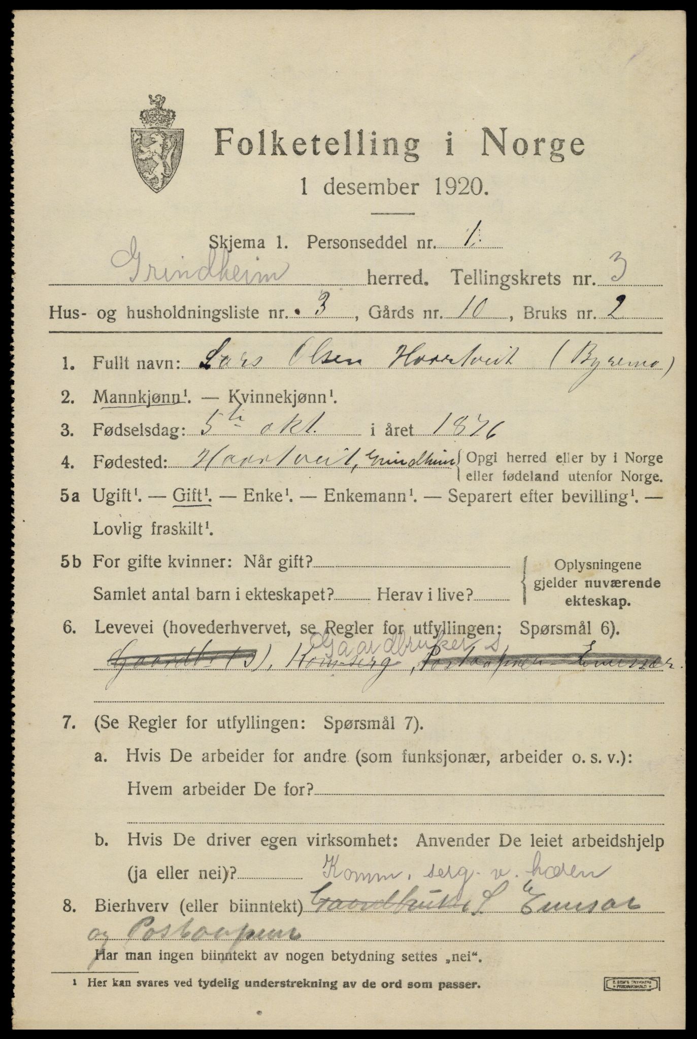 SAK, 1920 census for Grindheim, 1920, p. 911