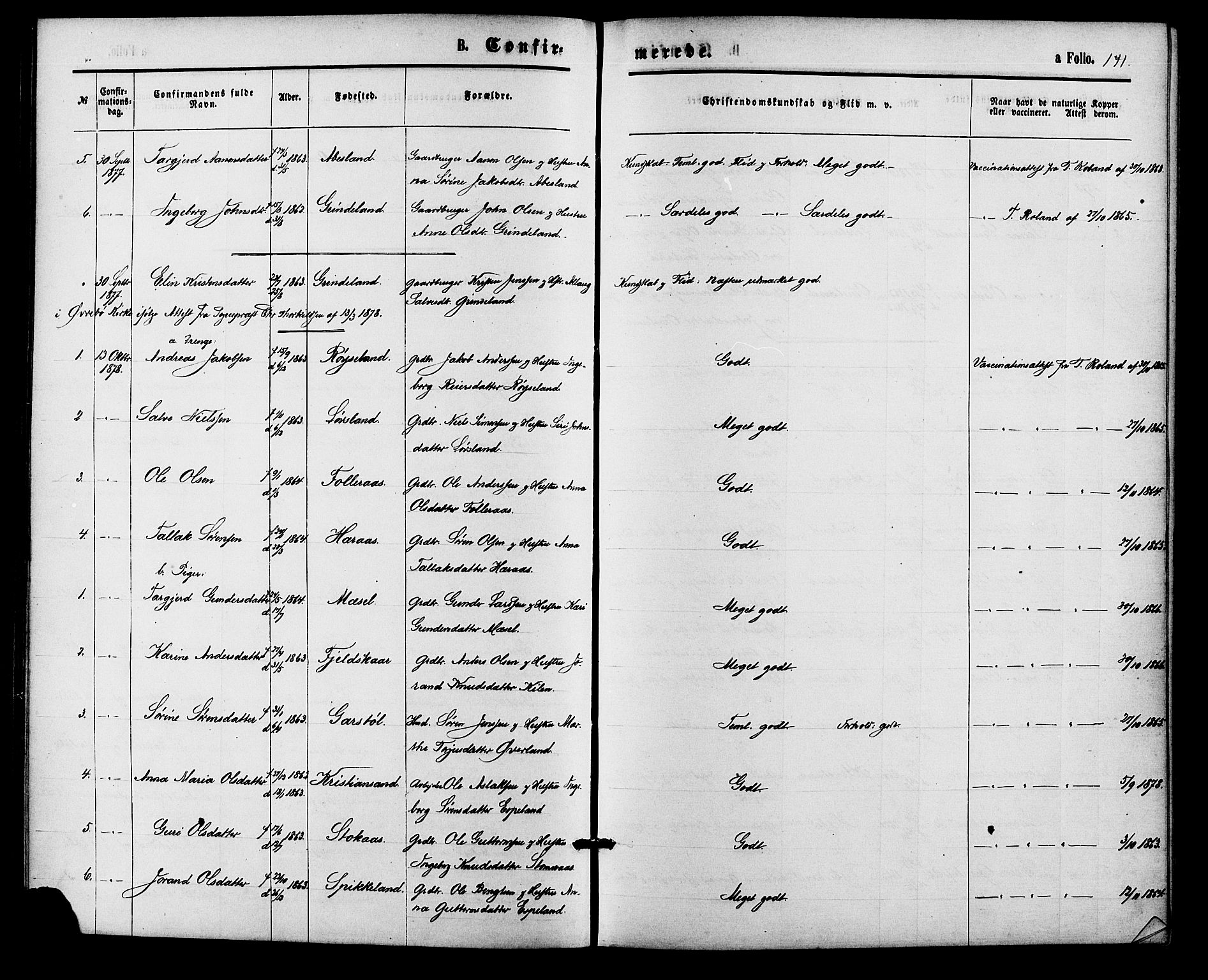 Bjelland sokneprestkontor, SAK/1111-0005/F/Fa/Fab/L0003: Parish register (official) no. A 3, 1870-1887, p. 141