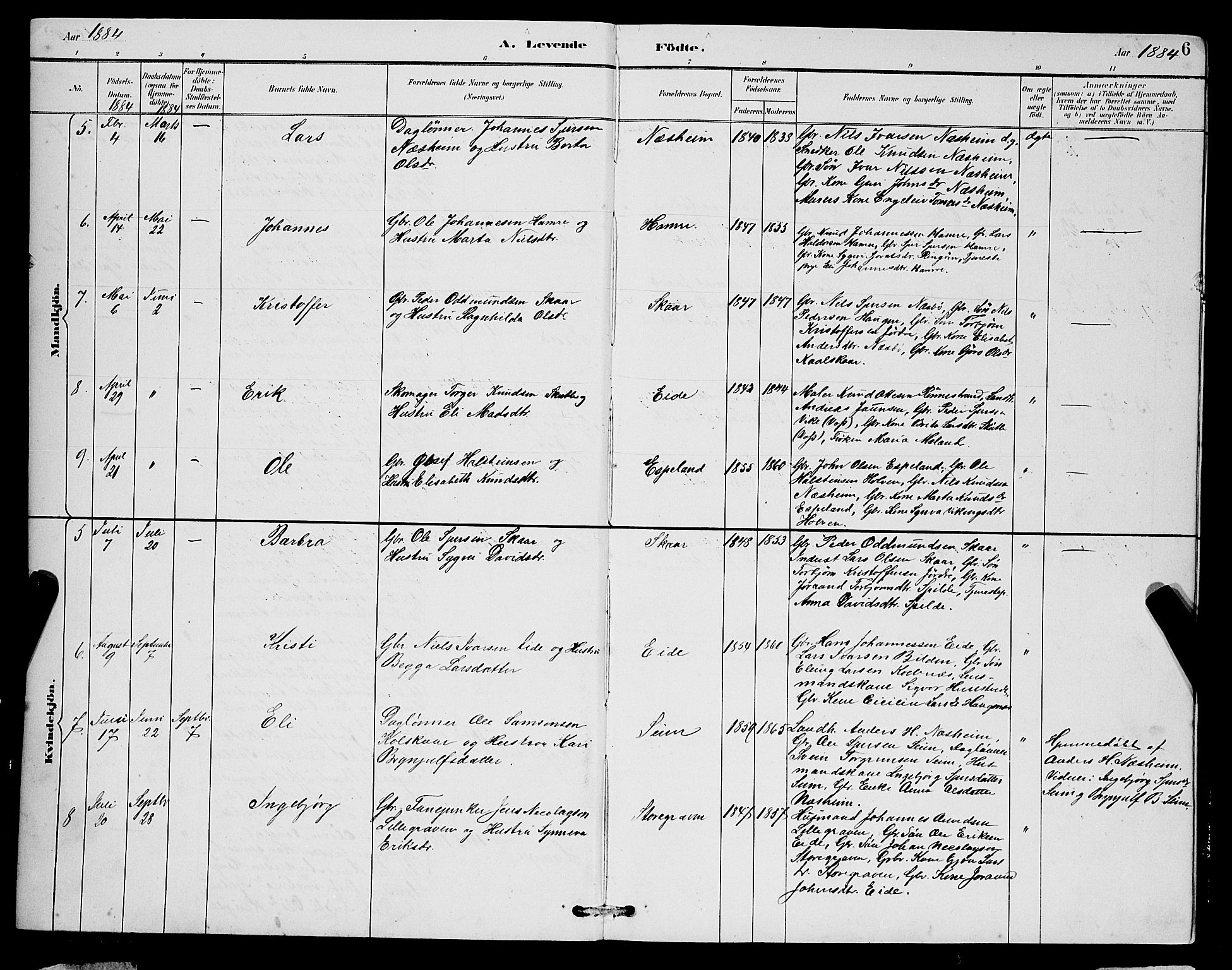 Ulvik sokneprestembete, SAB/A-78801/H/Hab: Parish register (copy) no. B 3, 1884-1901, p. 6