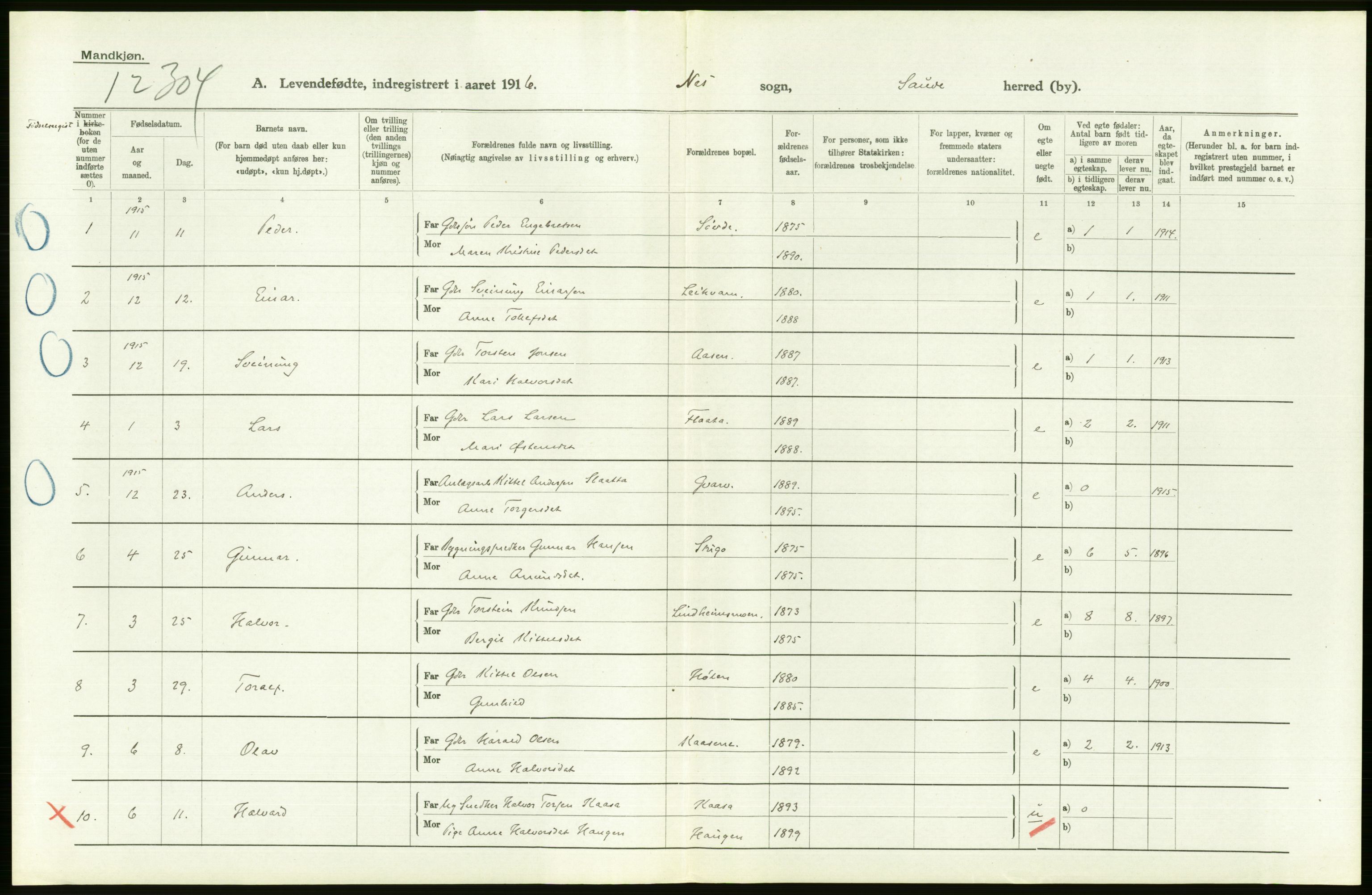 Statistisk sentralbyrå, Sosiodemografiske emner, Befolkning, AV/RA-S-2228/D/Df/Dfb/Dfbf/L0022: Bratsberg amt: Levendefødte menn og kvinner. Bygder., 1916, p. 260