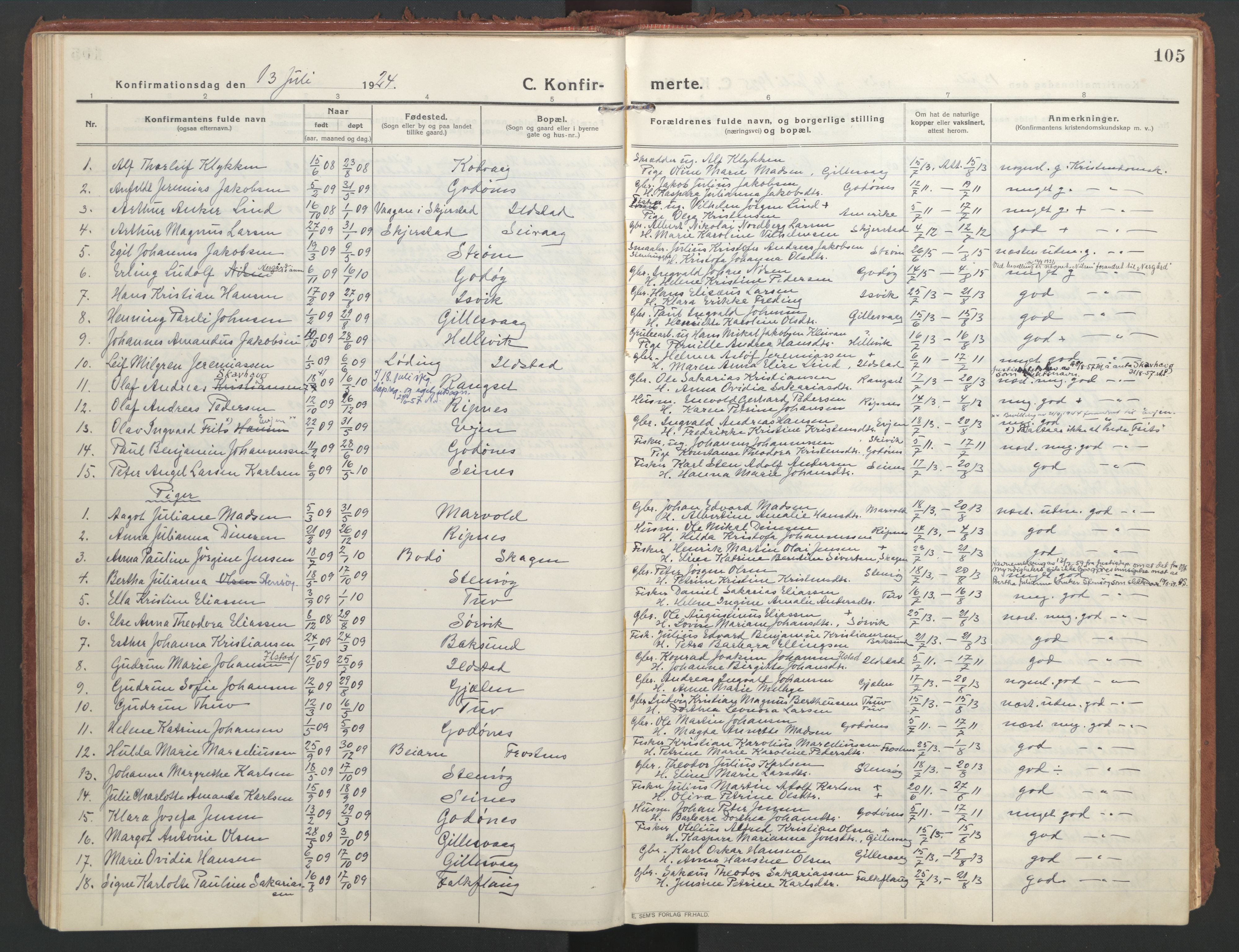 Ministerialprotokoller, klokkerbøker og fødselsregistre - Nordland, AV/SAT-A-1459/804/L0086: Parish register (official) no. 804A07, 1916-1935, p. 105