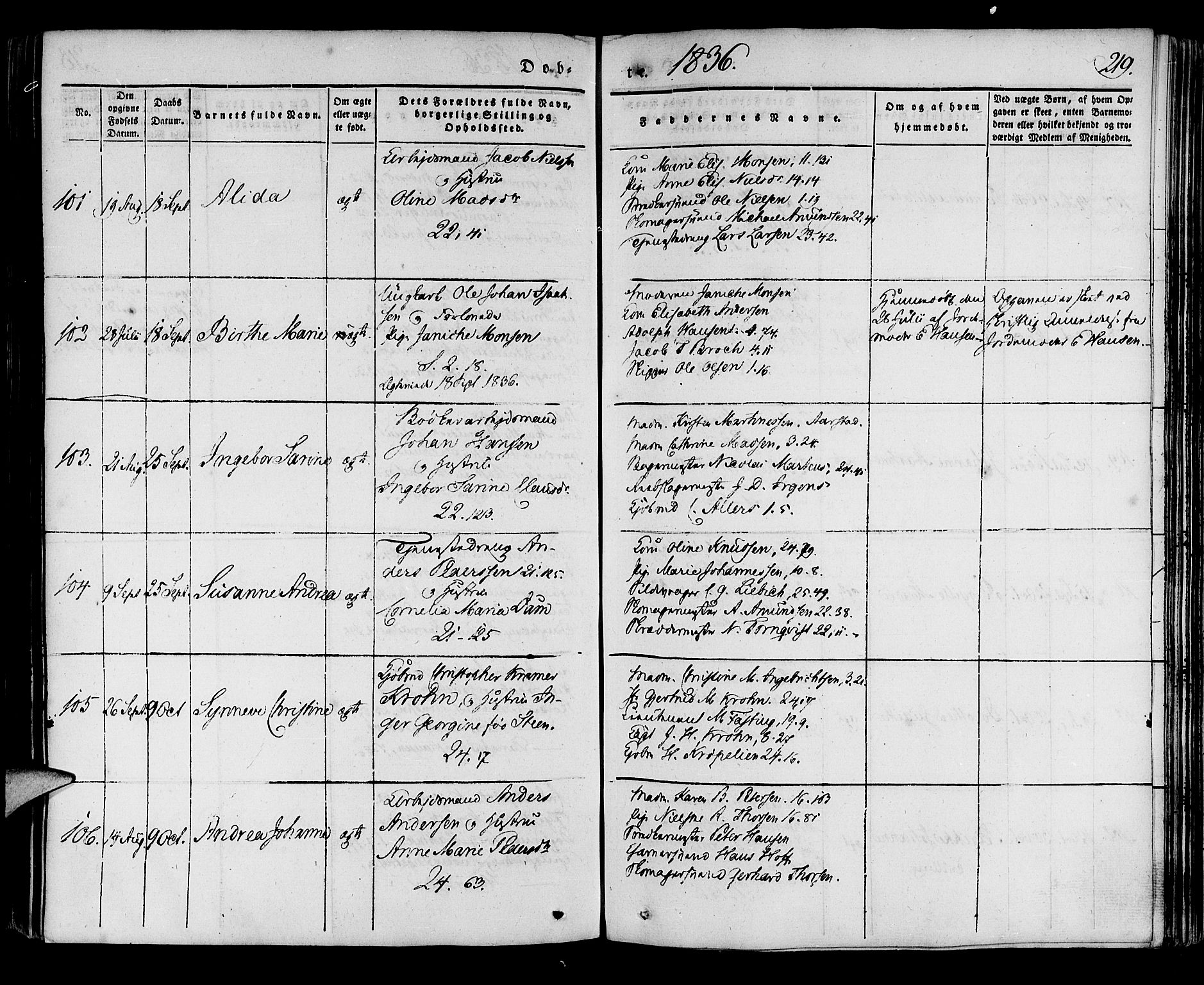 Korskirken sokneprestembete, SAB/A-76101/H/Haa/L0015: Parish register (official) no. B 1, 1833-1841, p. 219