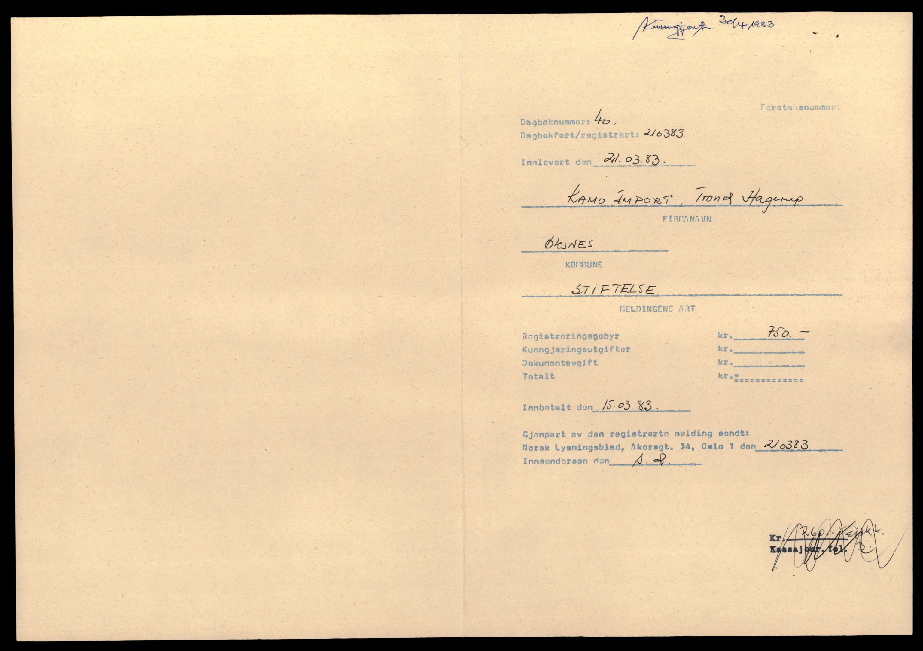 Vesterålen sorenskriveri, SAT/A-4180/4/J/Jd/Jde/L0003: Bilag. Enkeltmannsforetak, K-N, 1944-1990, p. 1