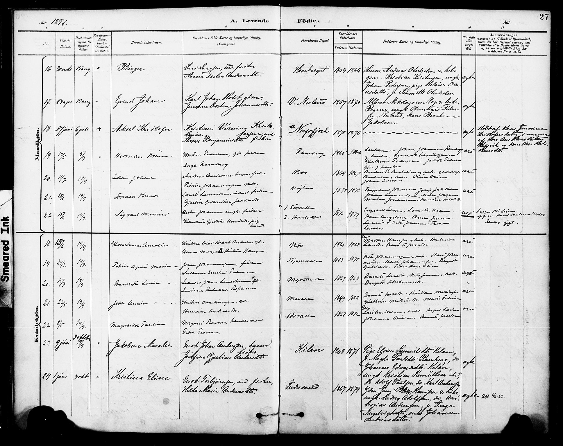 Ministerialprotokoller, klokkerbøker og fødselsregistre - Nordland, AV/SAT-A-1459/885/L1205: Parish register (official) no. 885A06, 1892-1905, p. 27