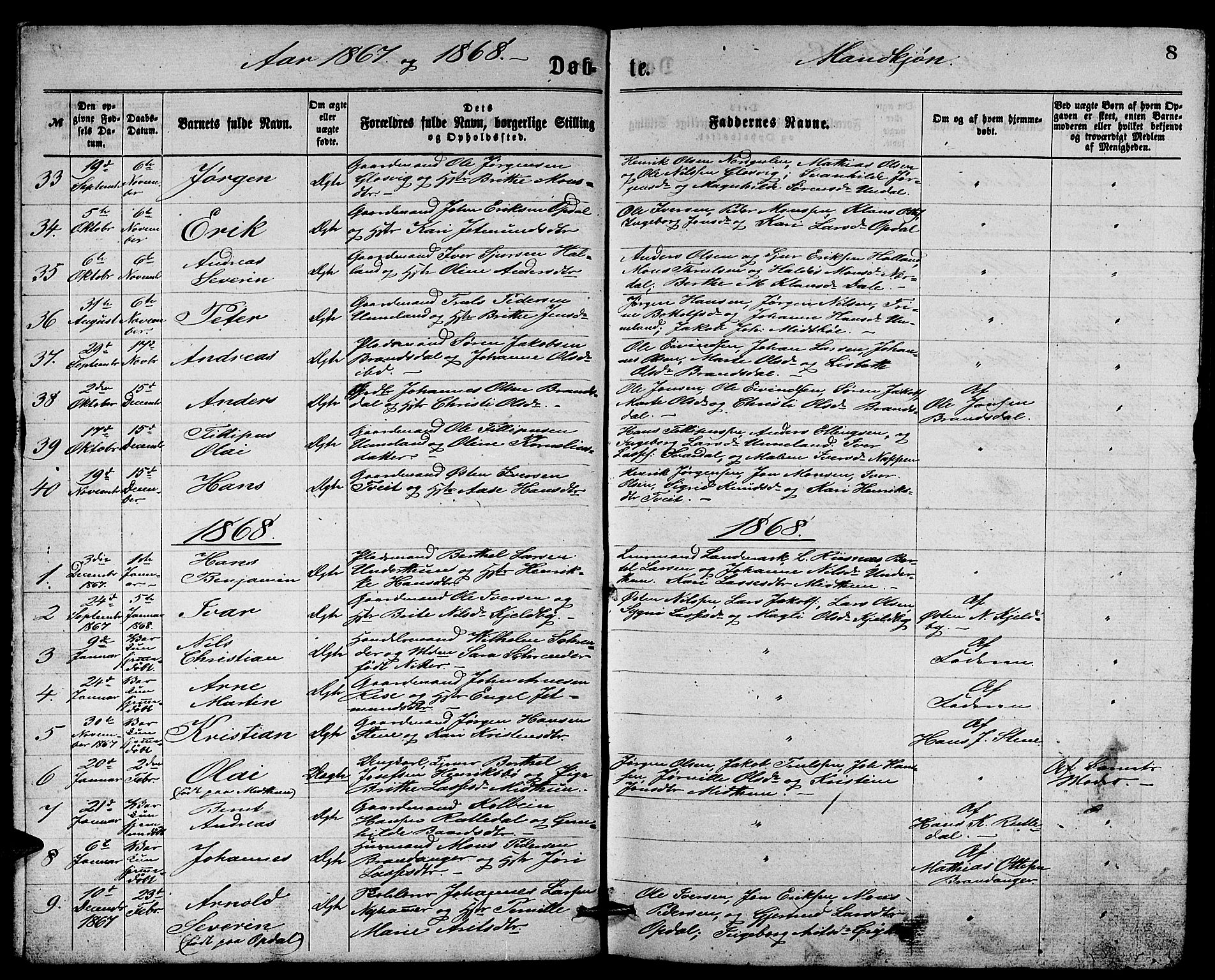 Gulen sokneprestembete, SAB/A-80201/H/Hab/Habb/L0002: Parish register (copy) no. B 2, 1867-1883, p. 8