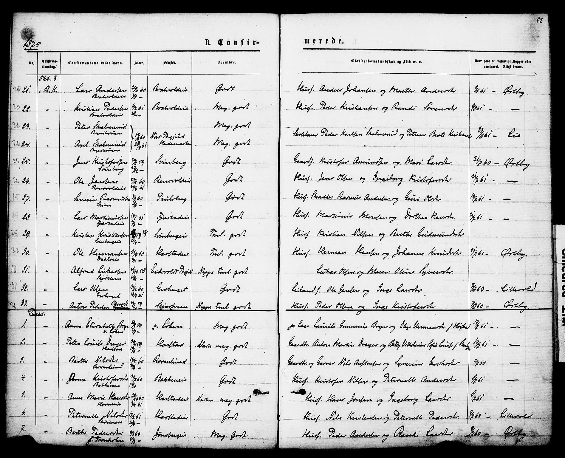 Romedal prestekontor, SAH/PREST-004/K/L0007: Parish register (official) no. 7, 1875-1879, p. 52