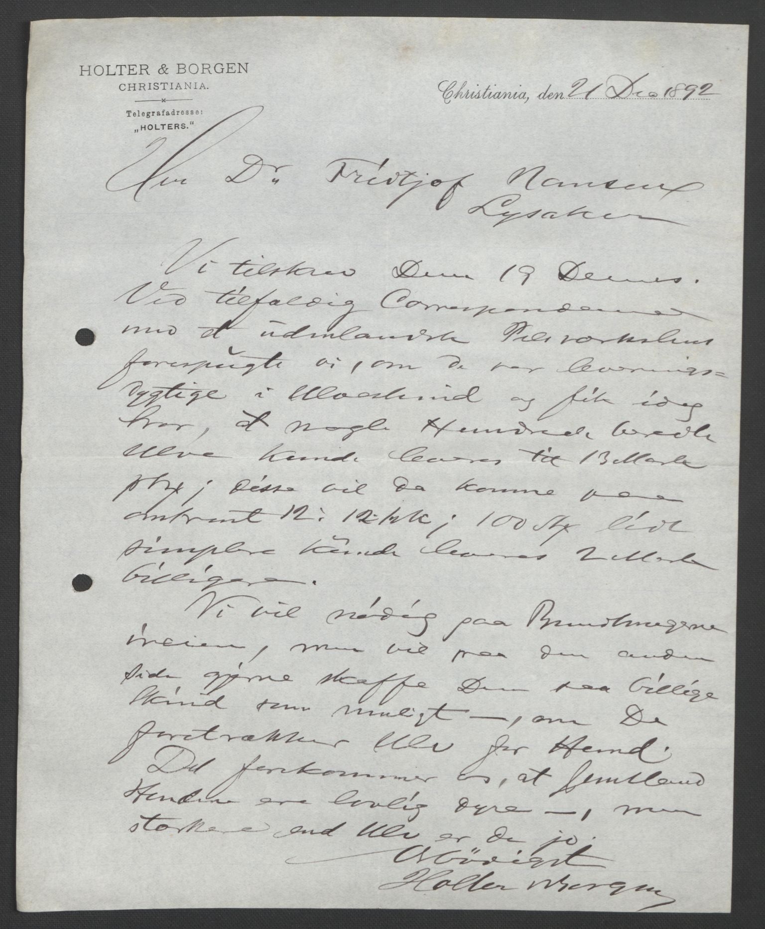 Arbeidskomitéen for Fridtjof Nansens polarekspedisjon, RA/PA-0061/D/L0003/0001: Innk. brev og telegrammer vedr. proviant og utrustning / Utrustningen m.m. - korrespondanse, 1892-1893, p. 157