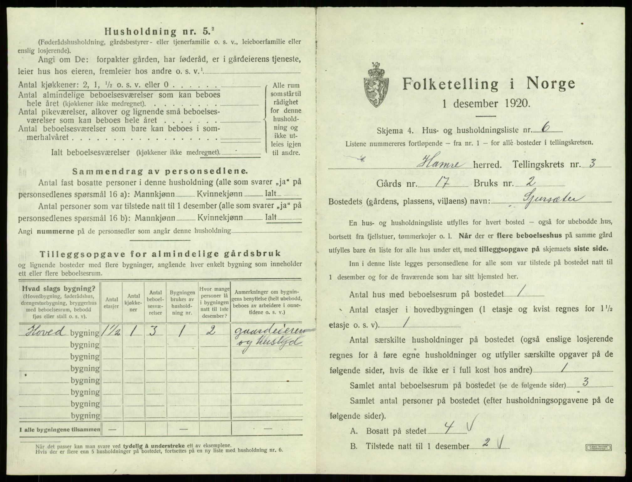 SAB, 1920 census for Hamre, 1920, p. 210