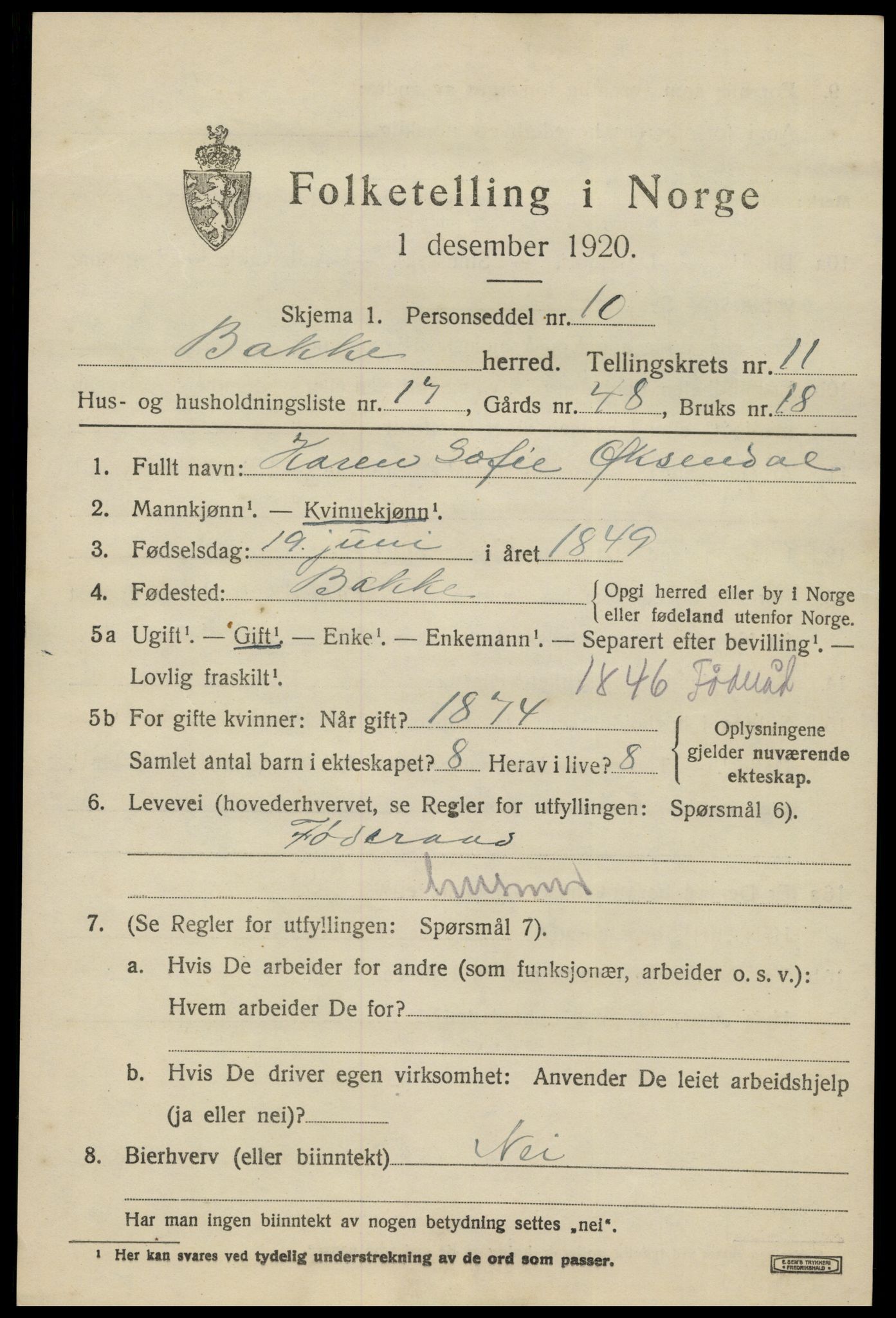 SAK, 1920 census for Bakke, 1920, p. 2990