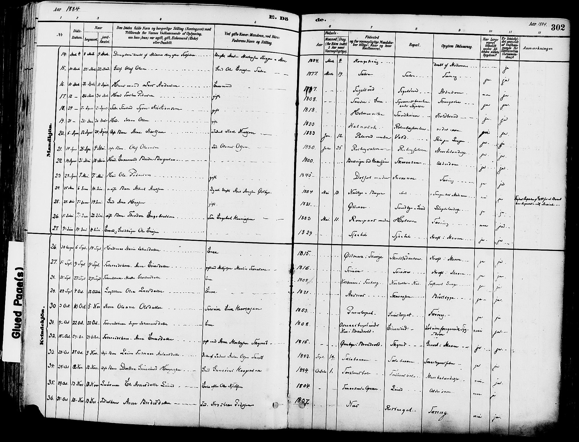 Grue prestekontor, AV/SAH-PREST-036/H/Ha/Haa/L0012: Parish register (official) no. 12, 1881-1897, p. 302