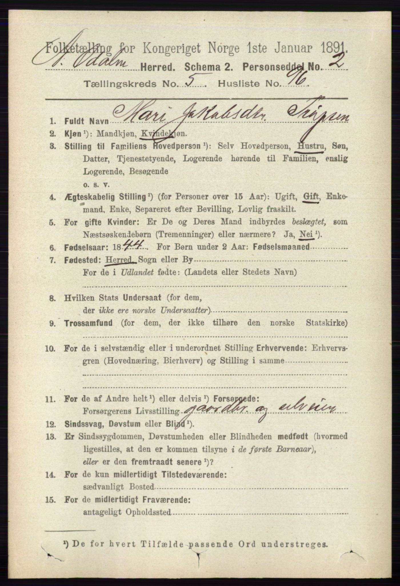 RA, 1891 census for 0418 Nord-Odal, 1891, p. 2147