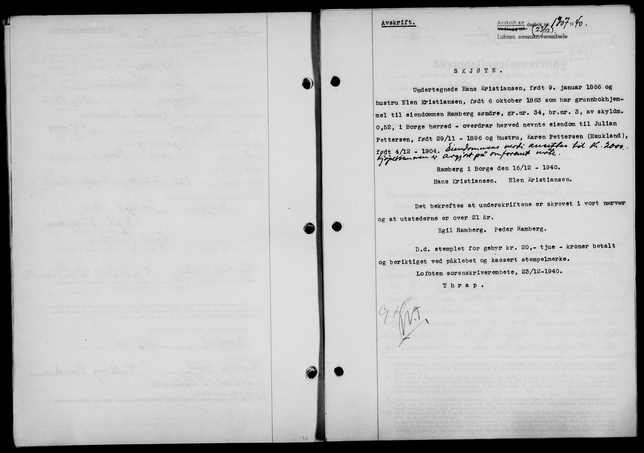 Lofoten sorenskriveri, SAT/A-0017/1/2/2C/L0008a: Mortgage book no. 8a, 1940-1941, Diary no: : 1307/1940