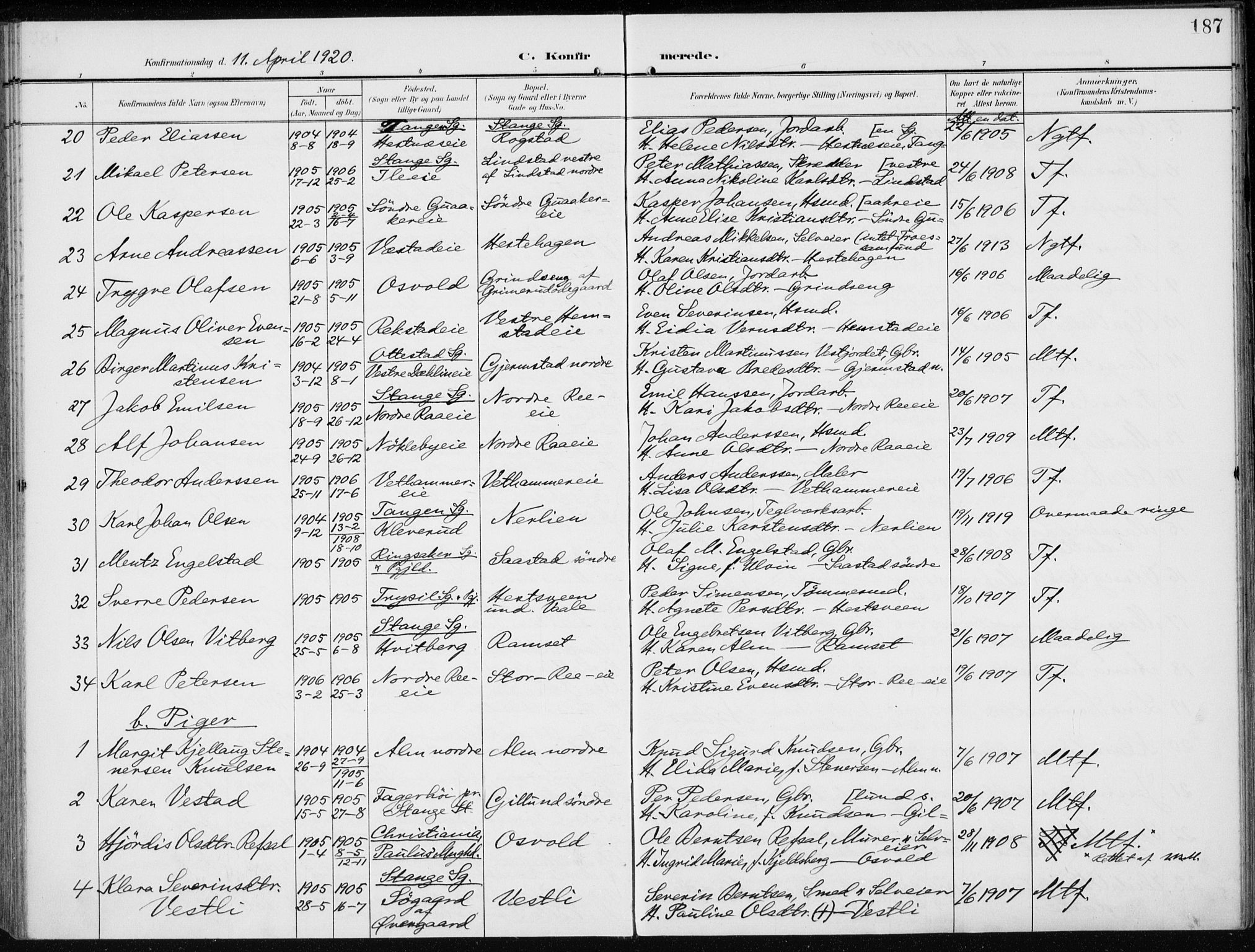 Stange prestekontor, AV/SAH-PREST-002/K/L0024: Parish register (official) no. 24, 1906-1922, p. 187