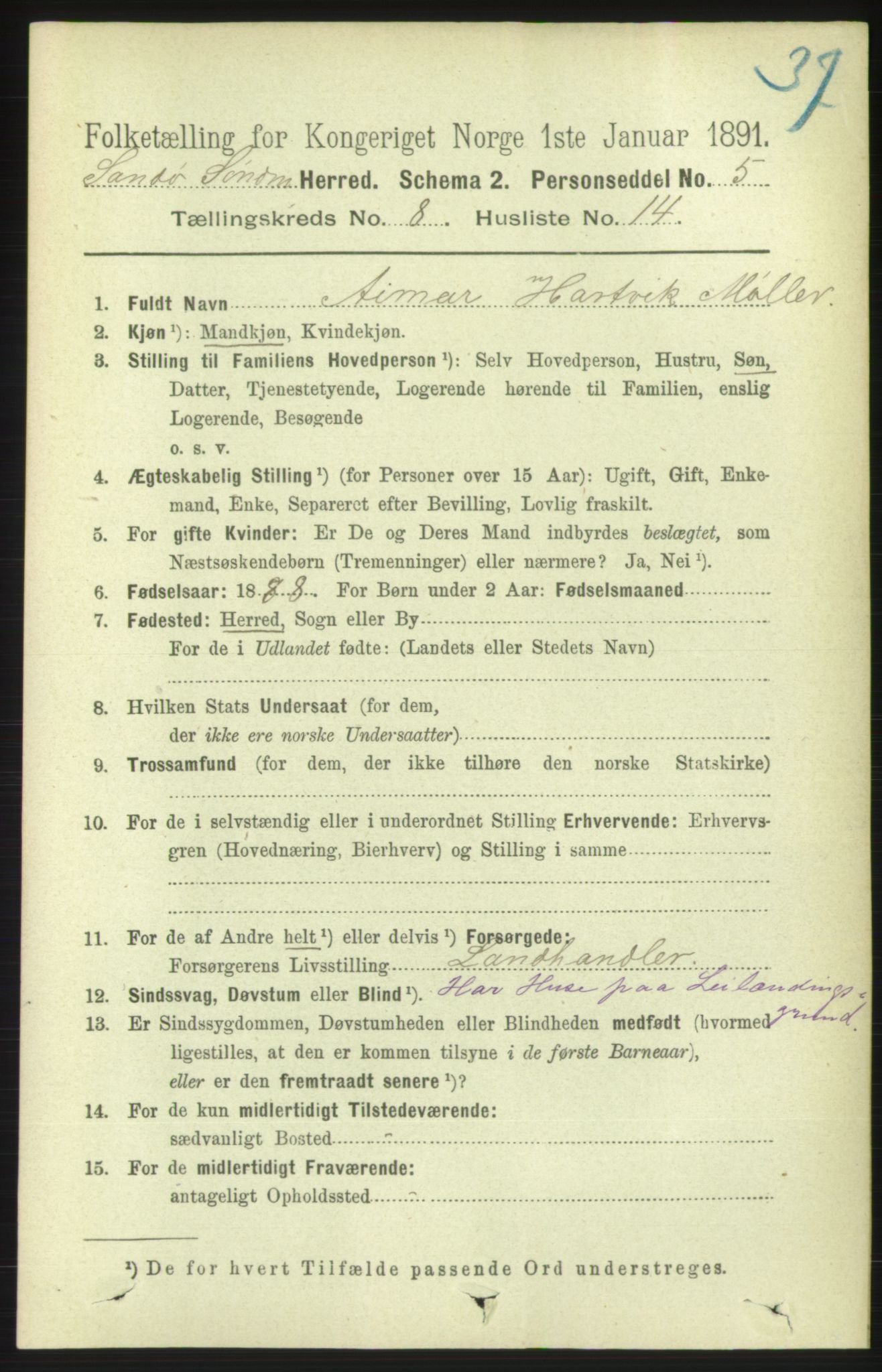 RA, 1891 census for 1514 Sande, 1891, p. 1442