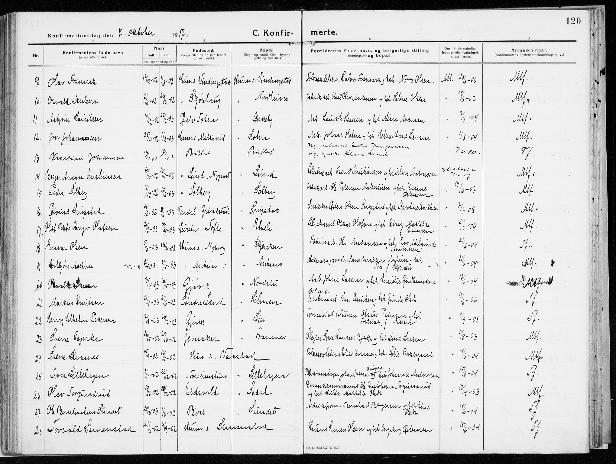 Vardal prestekontor, SAH/PREST-100/H/Ha/Haa/L0017: Parish register (official) no. 17, 1915-1929, p. 120