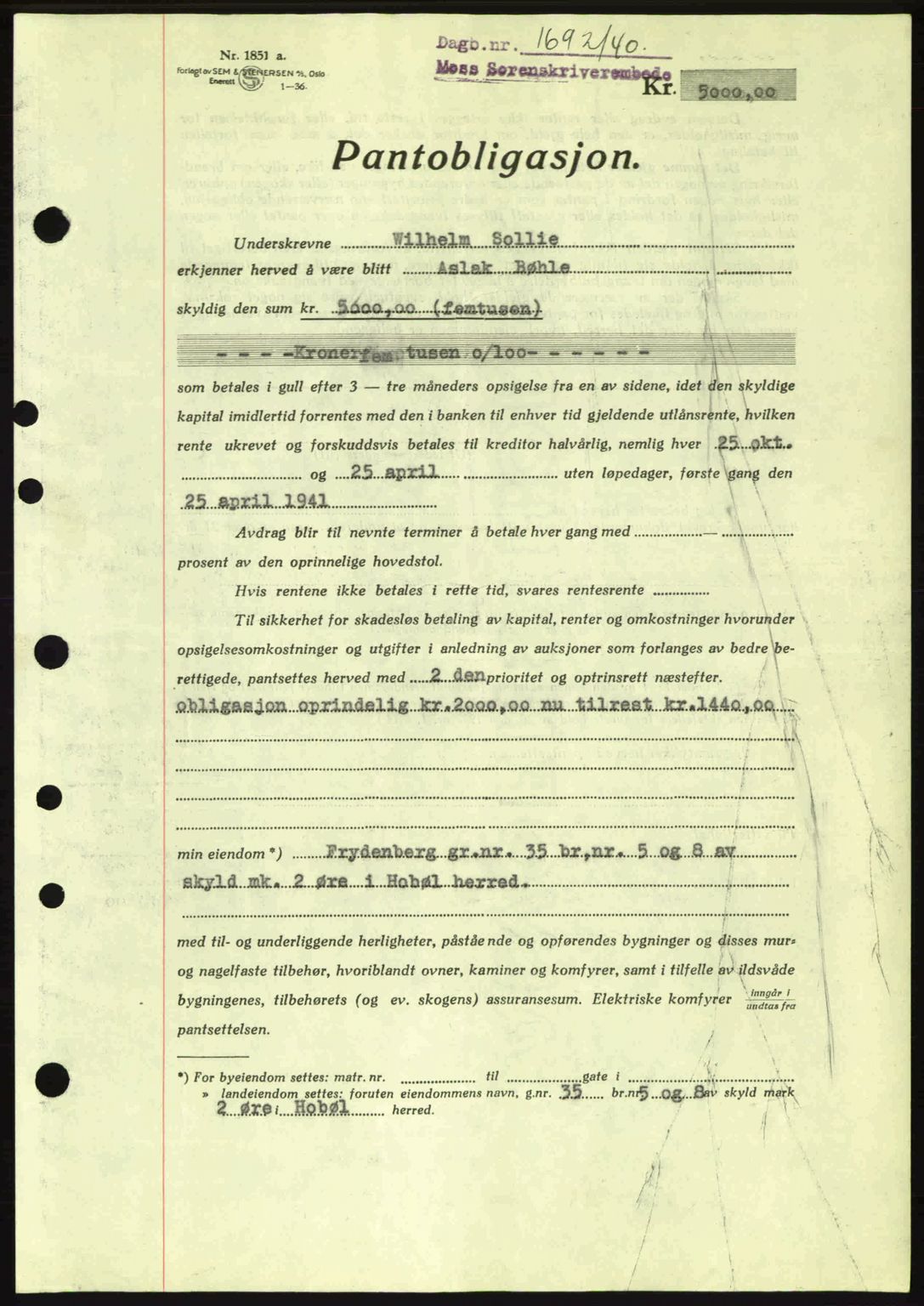 Moss sorenskriveri, SAO/A-10168: Mortgage book no. B10, 1940-1941, Diary no: : 1692/1940