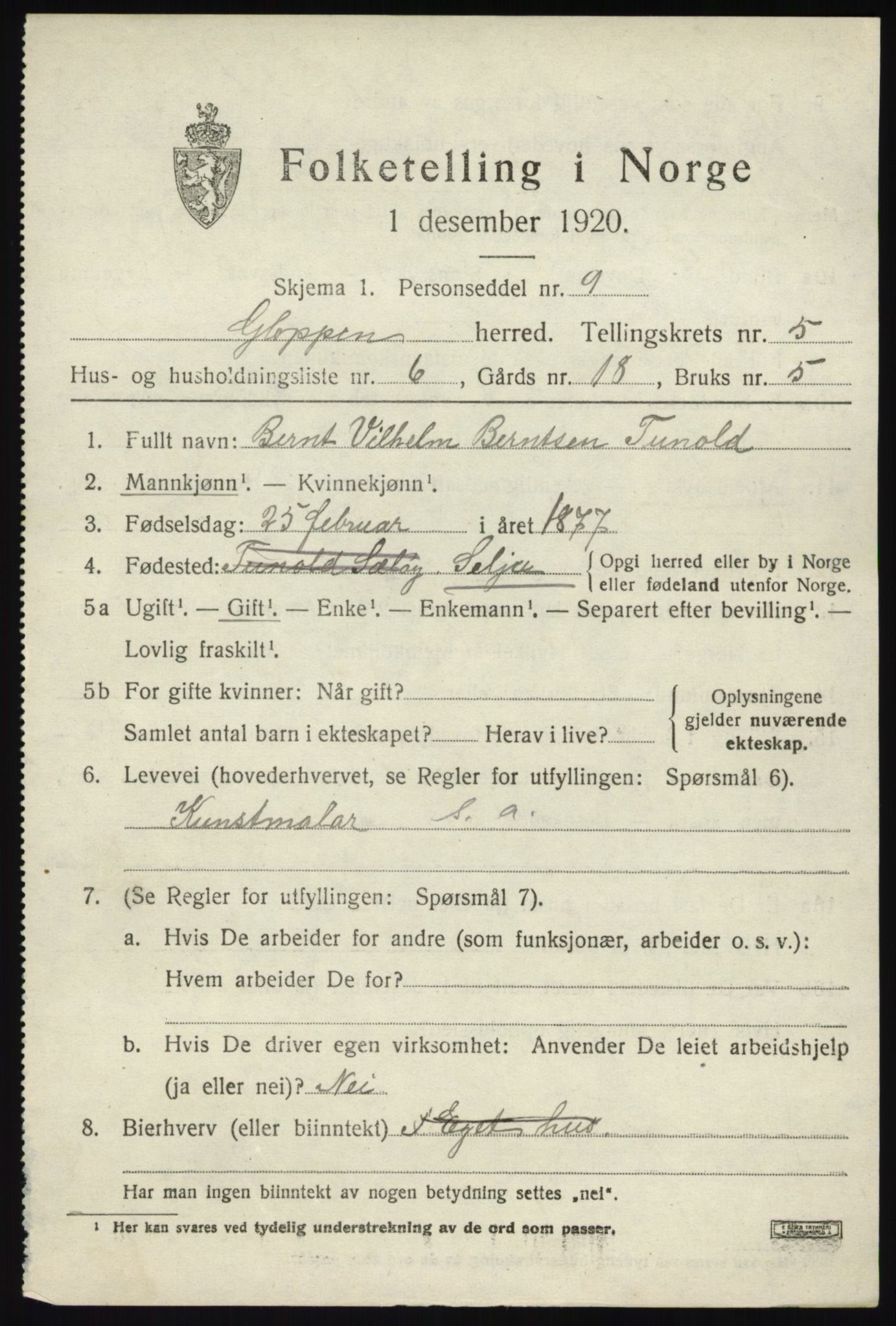 SAB, 1920 census for Gloppen, 1920, p. 3424