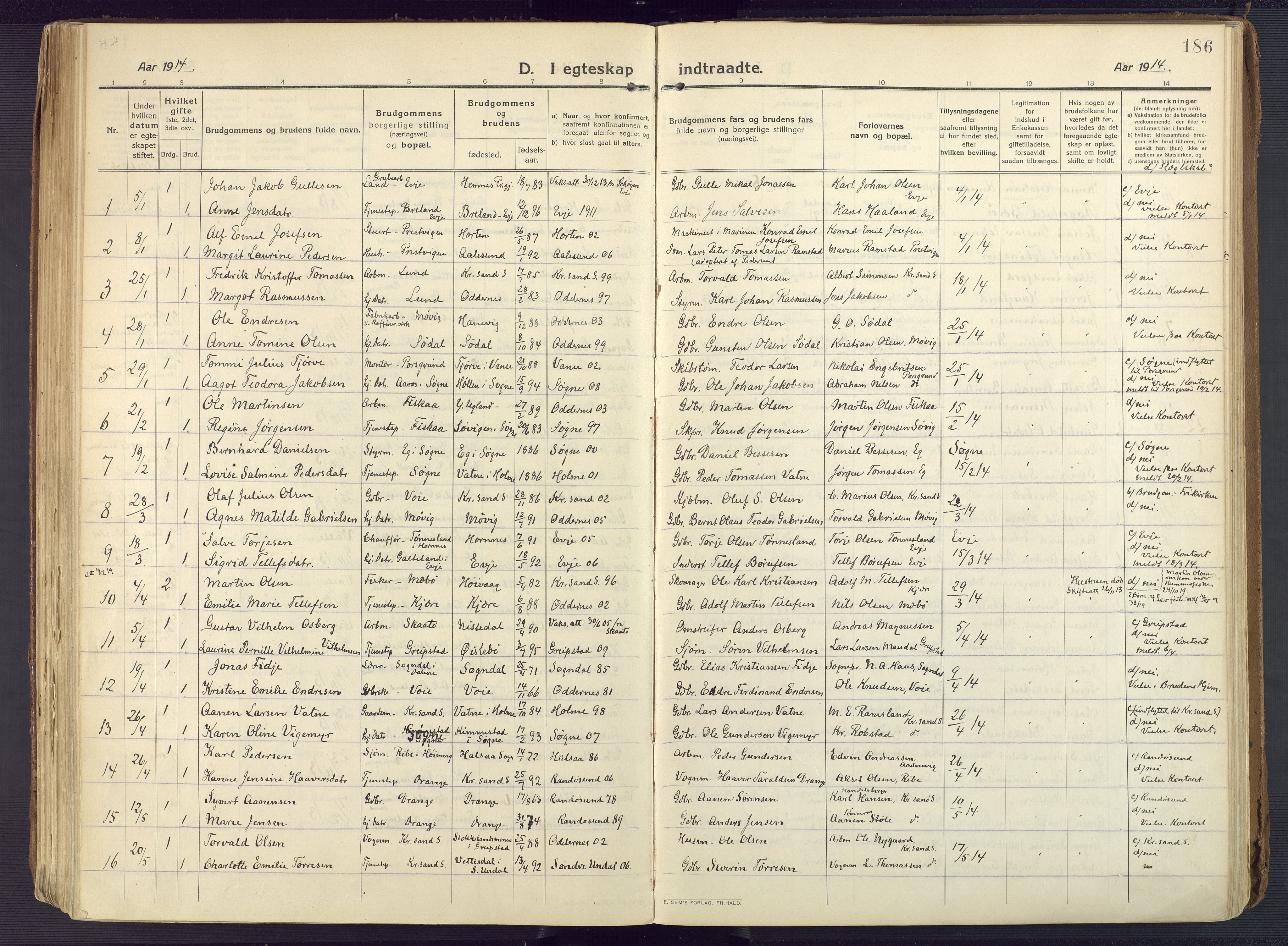 Oddernes sokneprestkontor, AV/SAK-1111-0033/F/Fa/Faa/L0012: Parish register (official) no. A 12, 1912-1925, p. 186