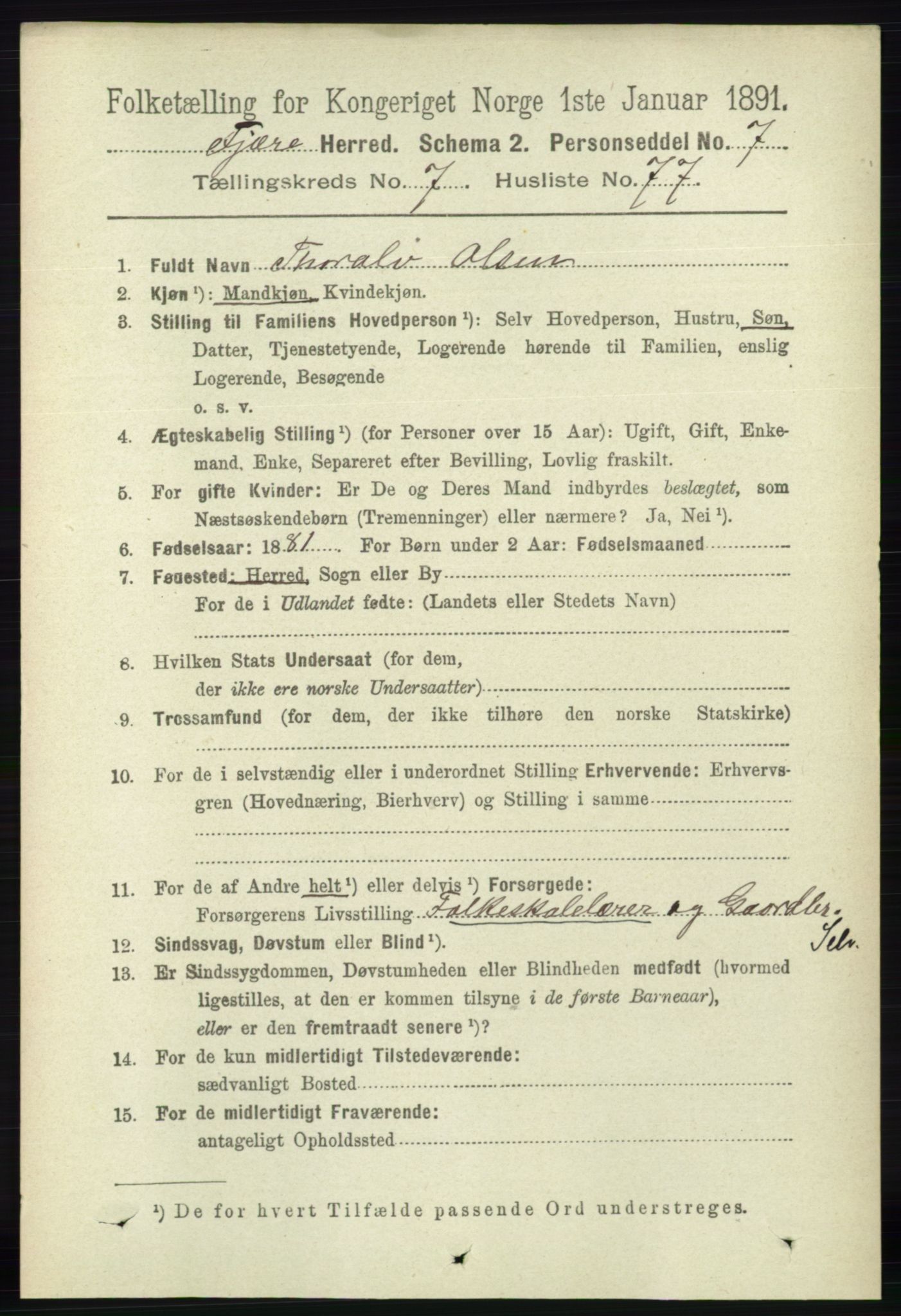 RA, 1891 census for 0923 Fjære, 1891, p. 3670