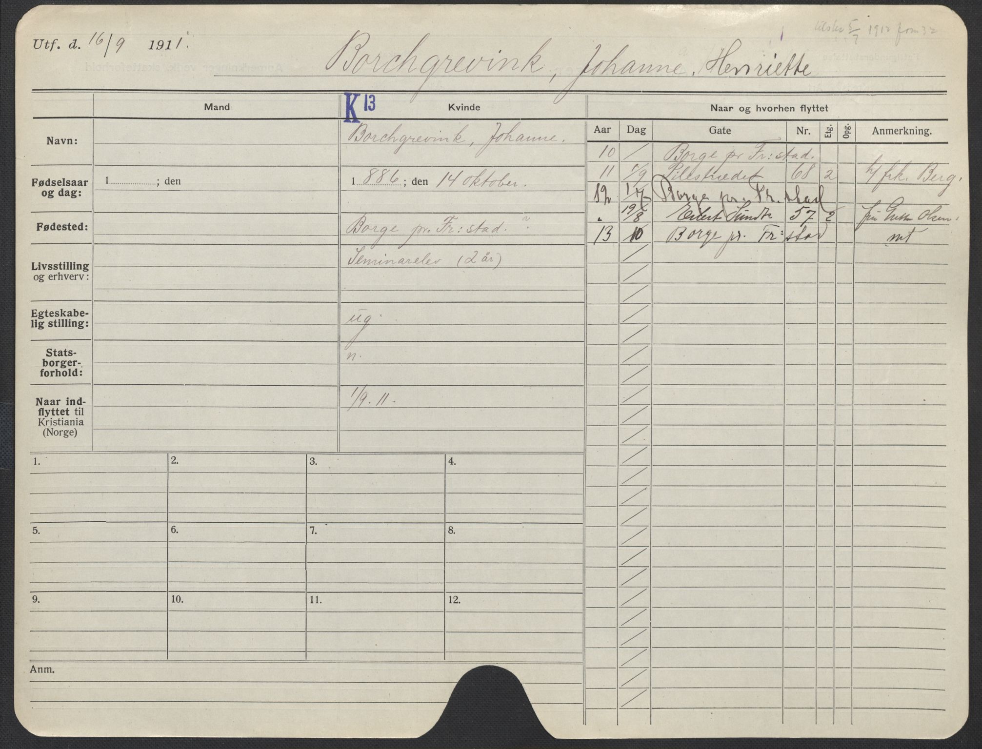 Oslo folkeregister, Registerkort, SAO/A-11715/F/Fa/Fac/L0013: Kvinner, 1906-1914, p. 651a