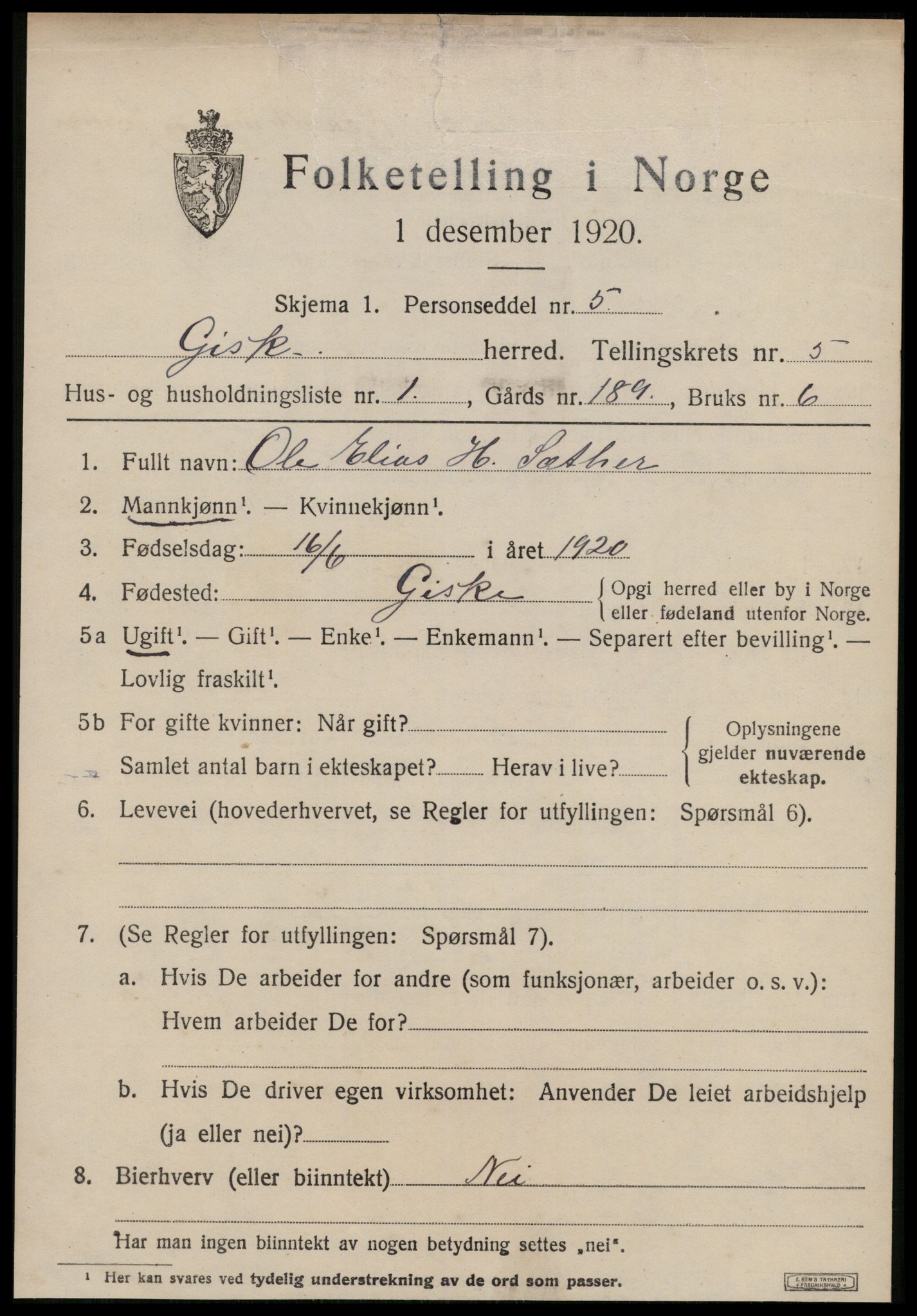 SAT, 1920 census for Giske, 1920, p. 3636