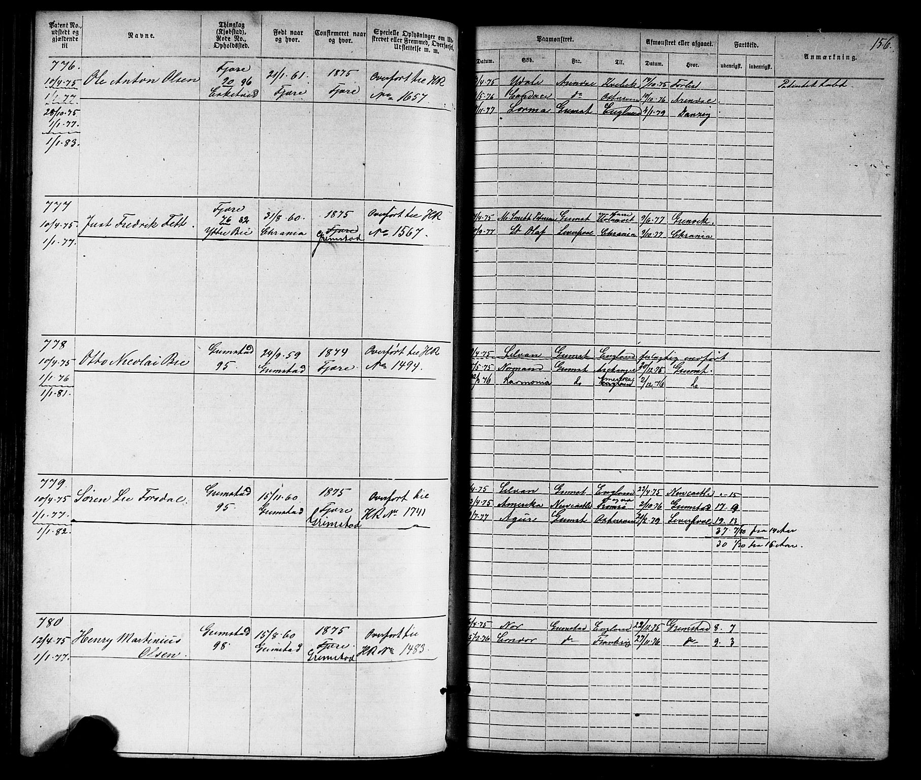 Grimstad mønstringskrets, SAK/2031-0013/F/Fa/L0005: Annotasjonsrulle nr 1-1910 med register, V-18, 1870-1892, p. 183