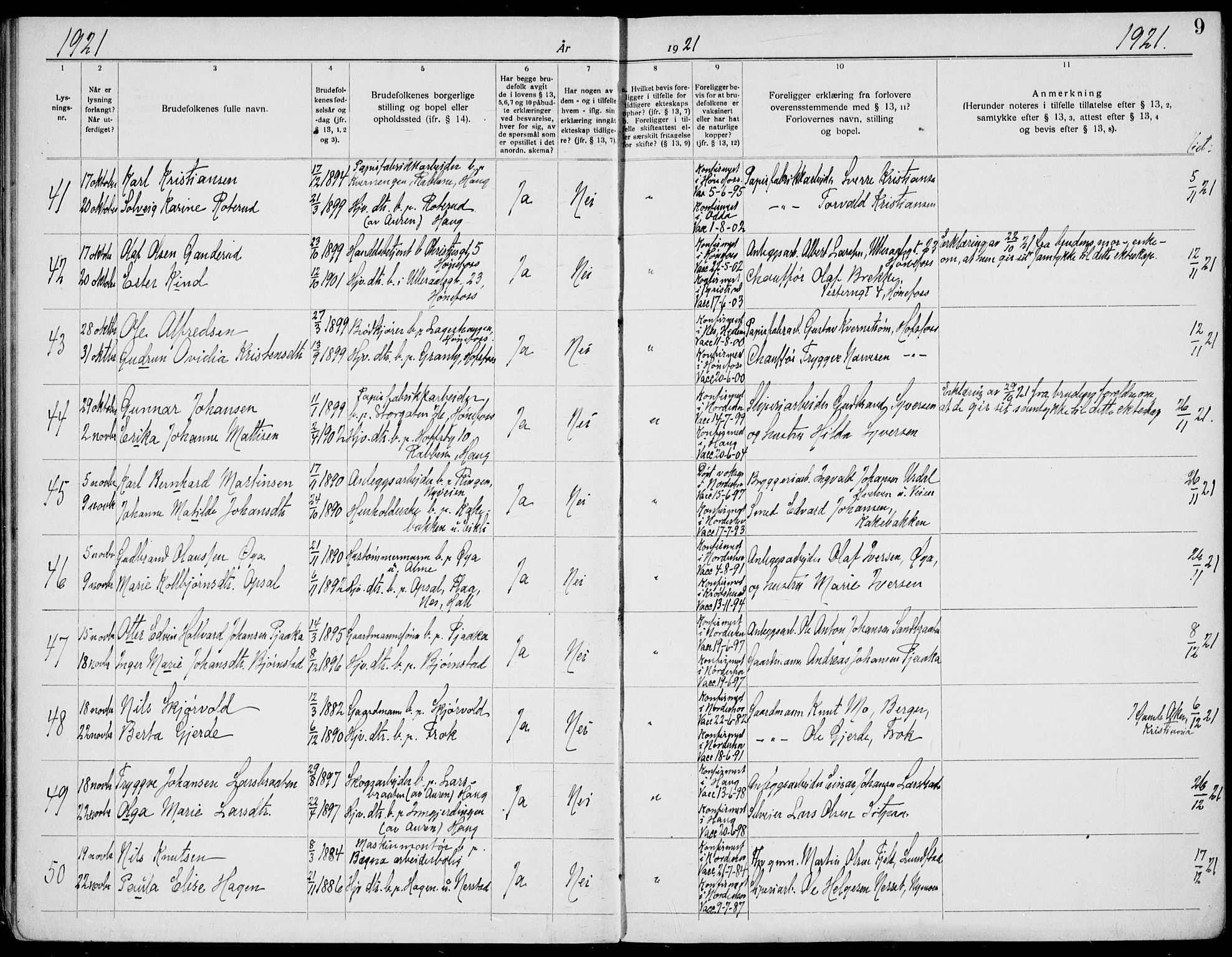 Norderhov kirkebøker, SAKO/A-237/H/Ha/L0004: Banns register no. 4, 1920-1938, p. 9