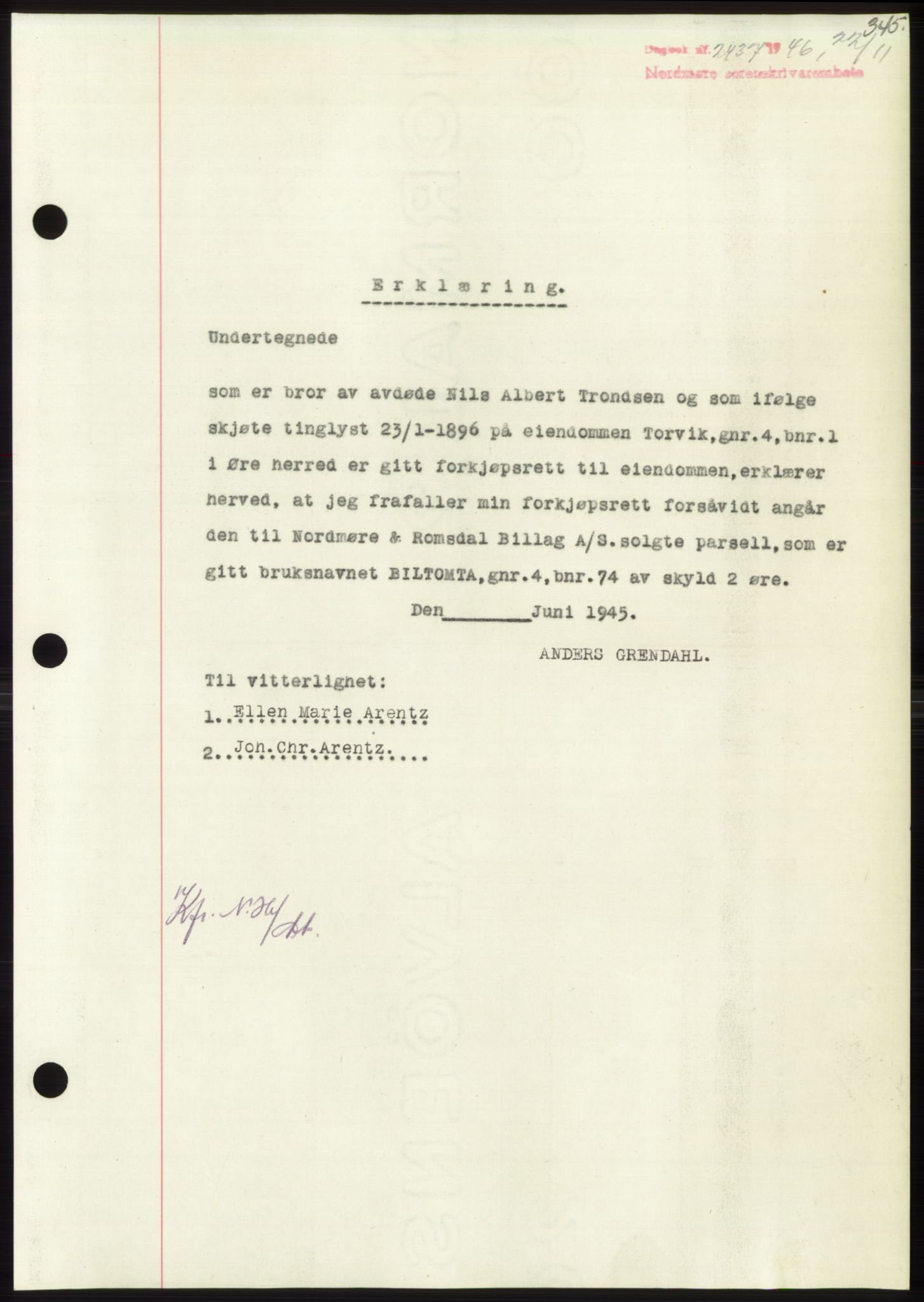 Nordmøre sorenskriveri, AV/SAT-A-4132/1/2/2Ca: Mortgage book no. B95, 1946-1947, Diary no: : 2437/1946