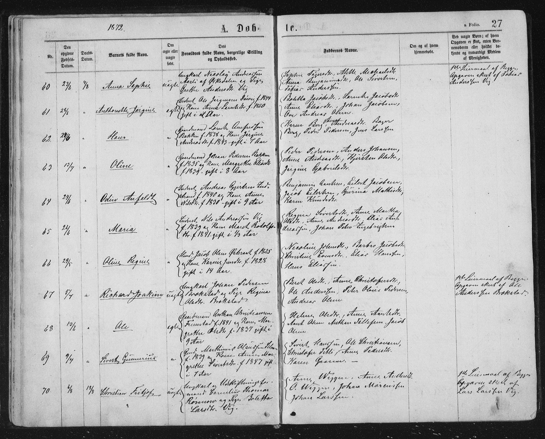 Ministerialprotokoller, klokkerbøker og fødselsregistre - Sør-Trøndelag, SAT/A-1456/659/L0745: Parish register (copy) no. 659C02, 1869-1892, p. 27