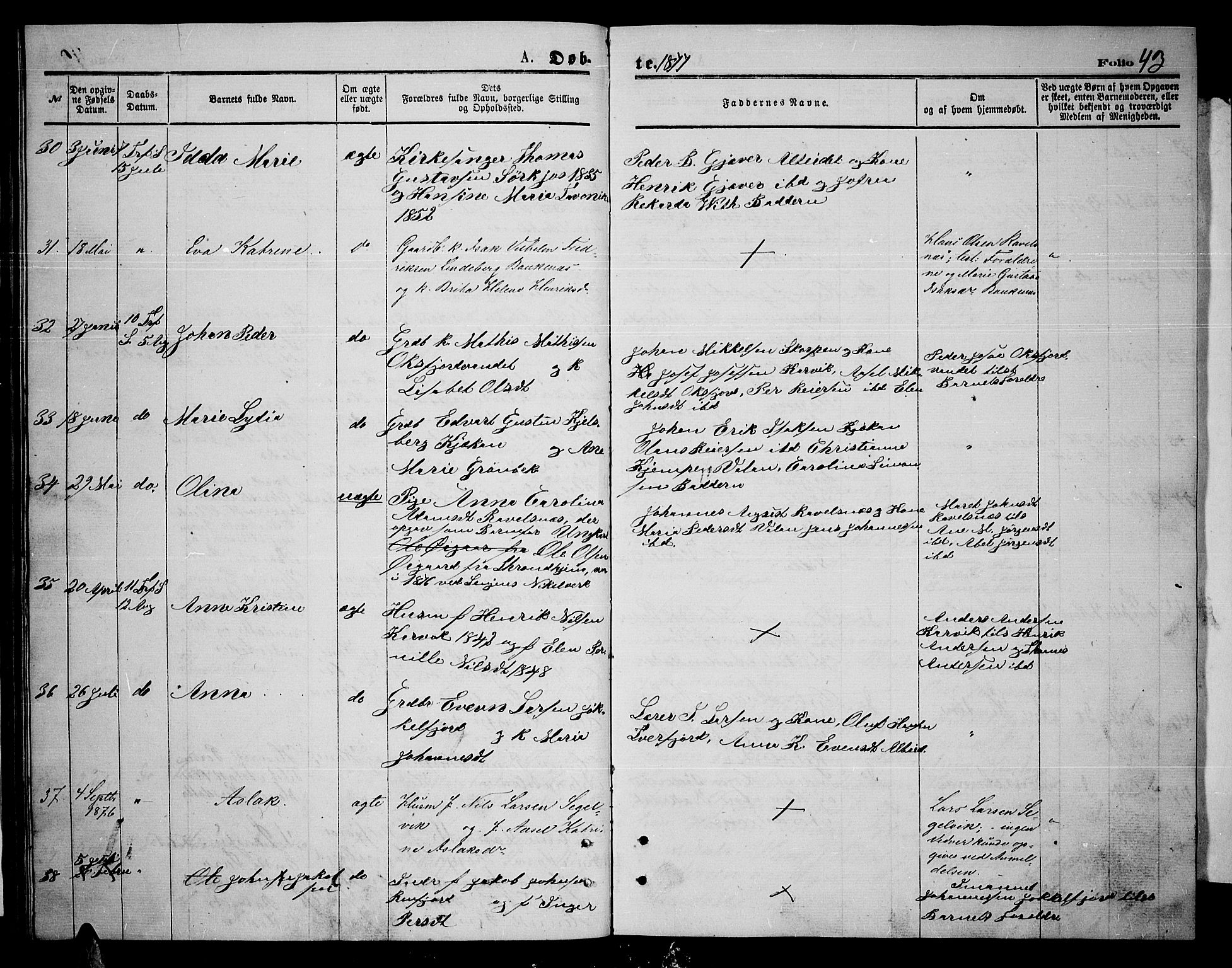 Skjervøy sokneprestkontor, SATØ/S-1300/H/Ha/Hab/L0014klokker: Parish register (copy) no. 14, 1871-1877, p. 43
