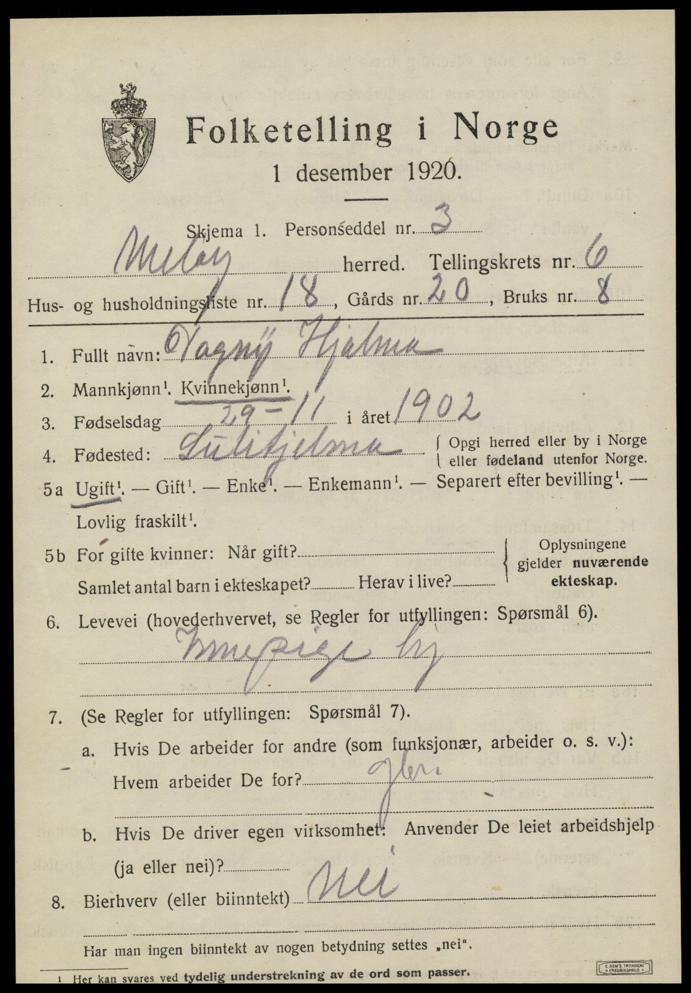 SAT, 1920 census for Meløy, 1920, p. 3619