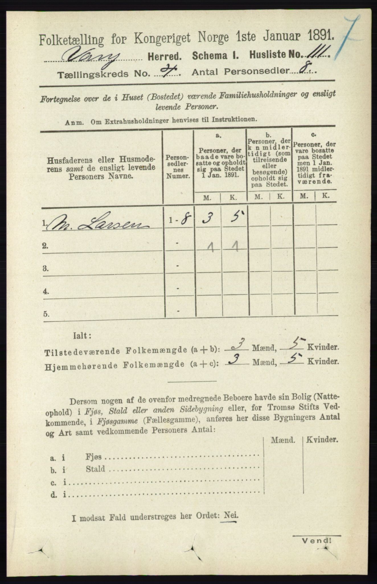 RA, 1891 census for 0414 Vang, 1891, p. 2740