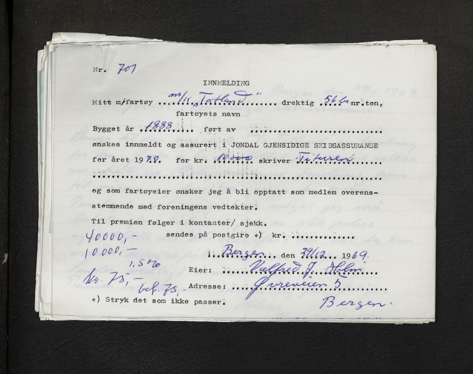 Jondal Skipsassuranseforening, AV/SAB-SAB/PA-0276/E/L0131: Korrespondanse , 1970