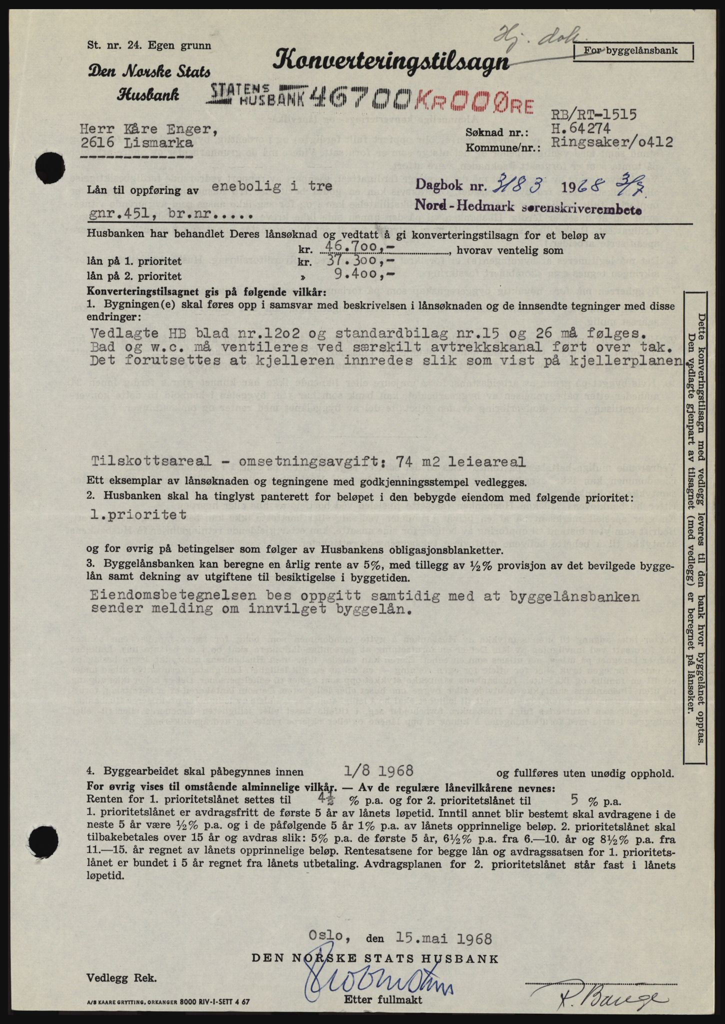 Nord-Hedmark sorenskriveri, AV/SAH-TING-012/H/Hc/L0028: Mortgage book no. 28, 1968-1968, Diary no: : 3183/1968