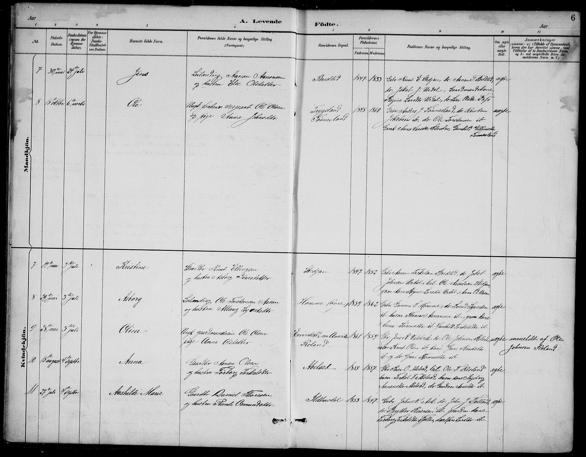 Bjelland sokneprestkontor, AV/SAK-1111-0005/F/Fb/Fba/L0005: Parish register (copy) no. B 5, 1887-1923, p. 6