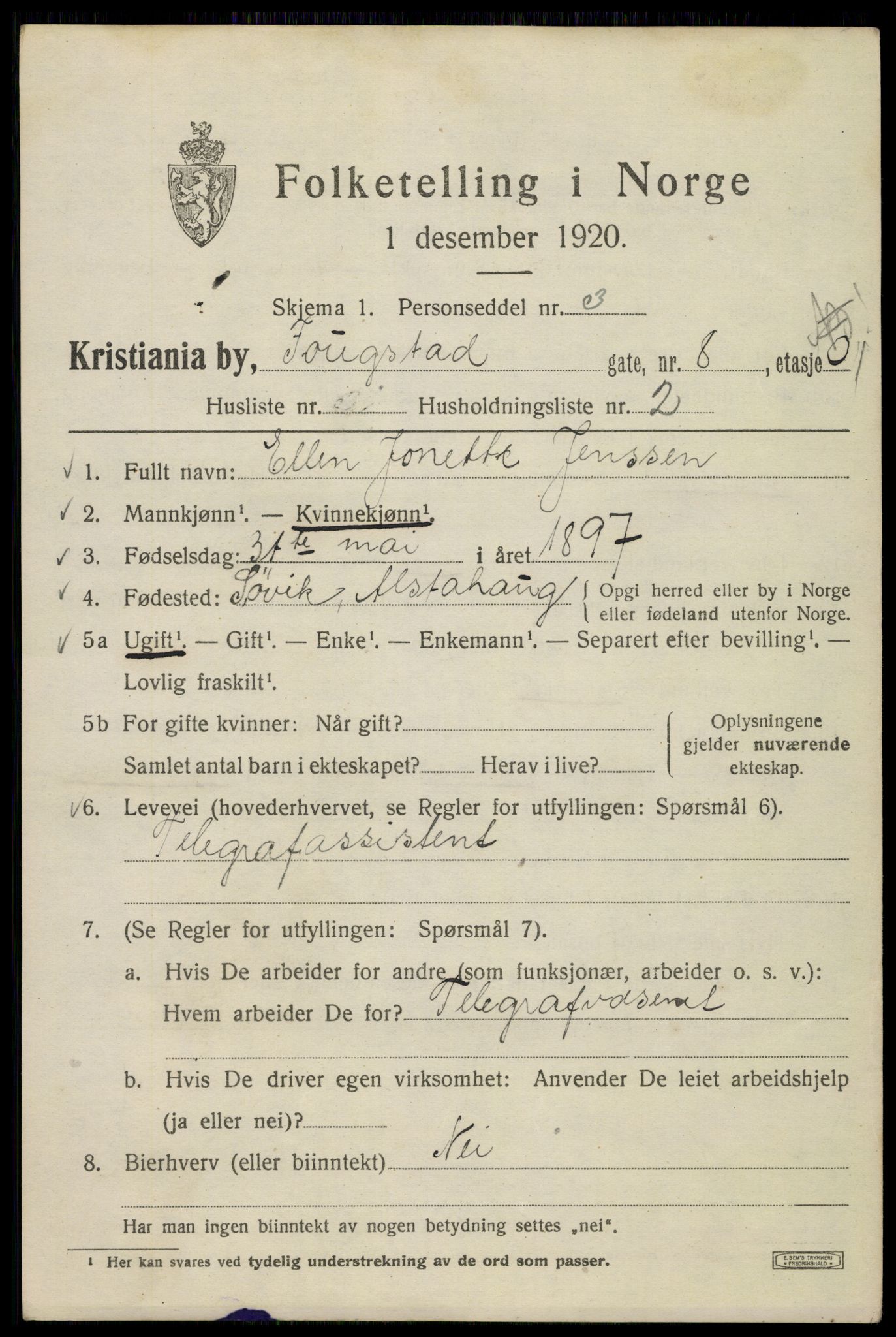 SAO, 1920 census for Kristiania, 1920, p. 232699